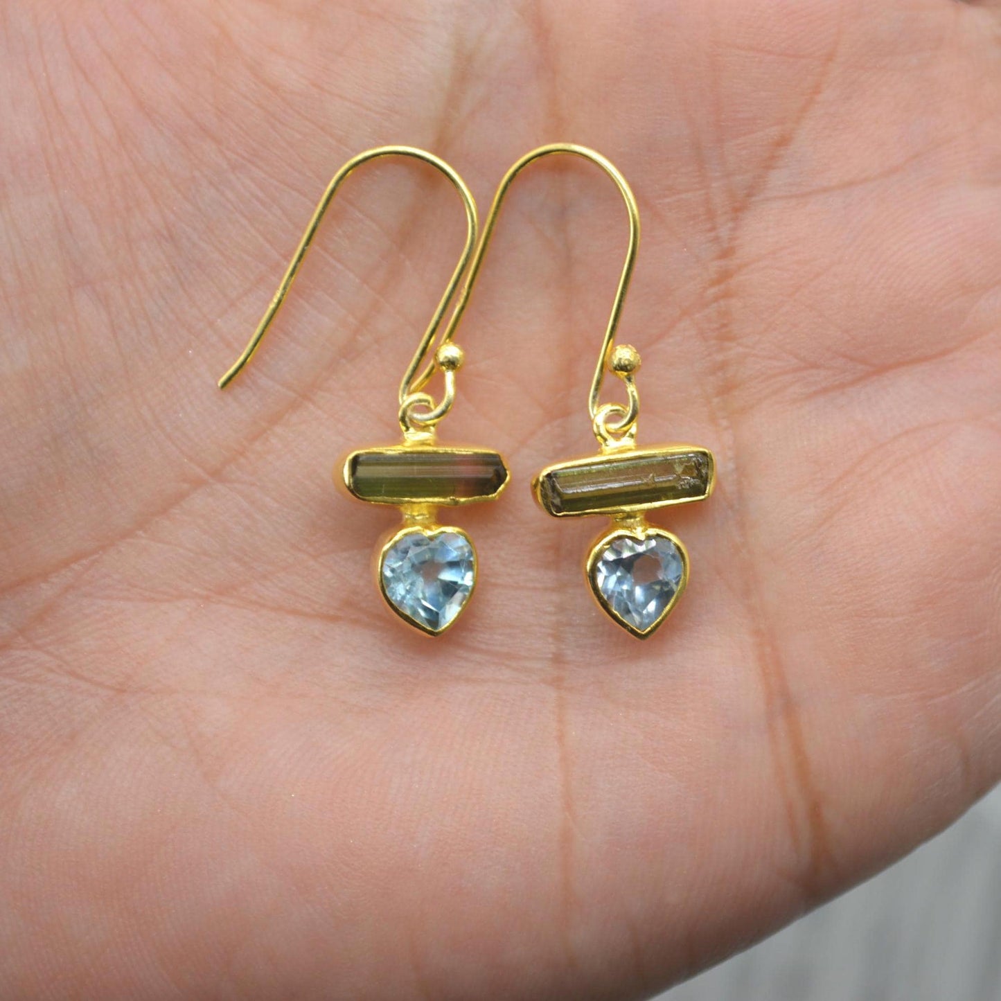 Green Tourmaline, Blue Topaz Earrings: Silver or Gold, Dangle Drop, October December Birthstone