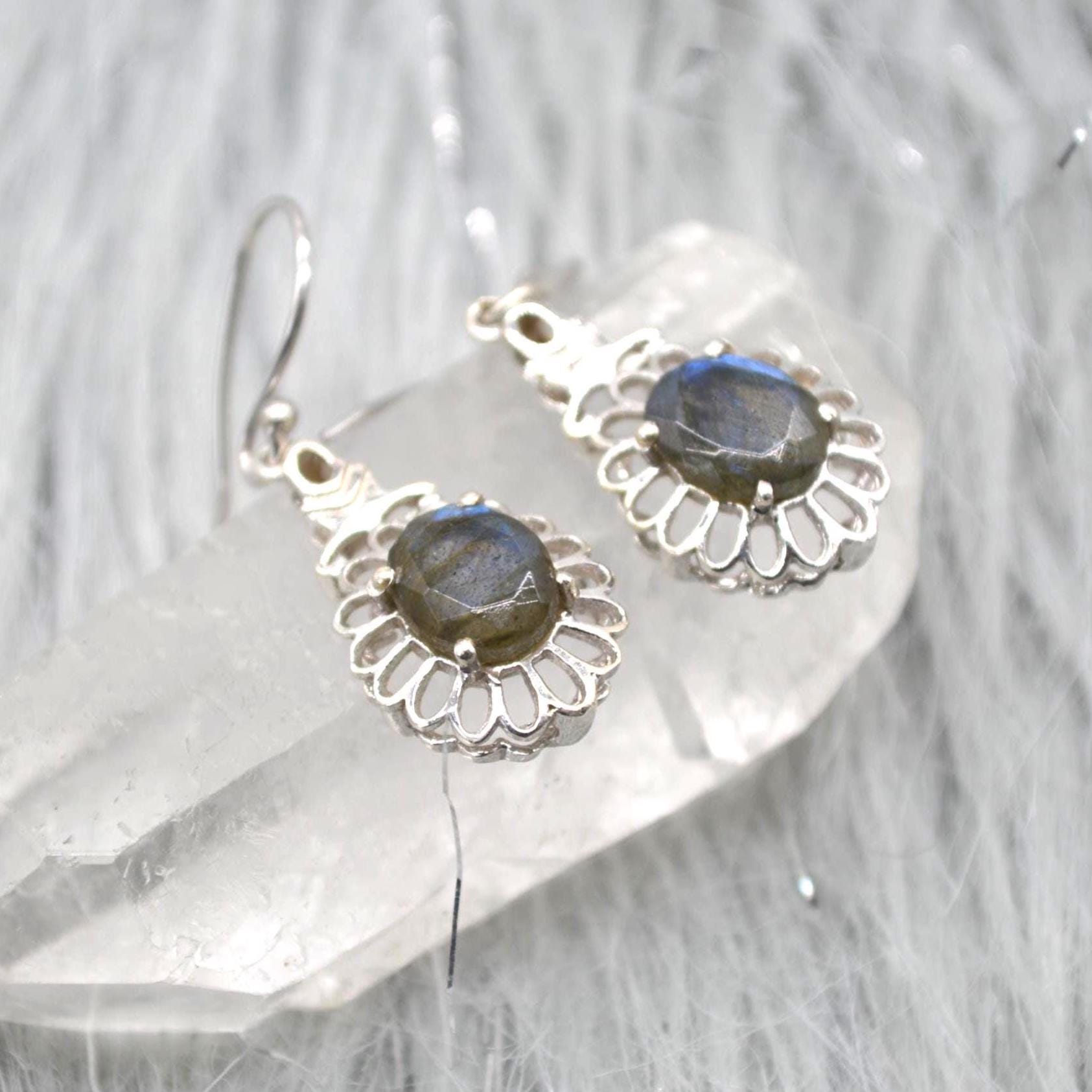 Labradorite Earrings Silver: Dangle Drop, Oval, Blue Gemstone Jewelry