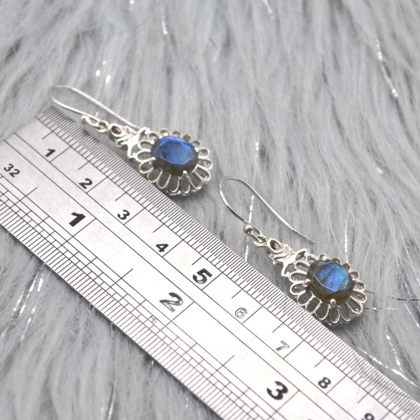 Labradorite Earrings Silver: Dangle Drop, Oval, Blue Gemstone Jewelry