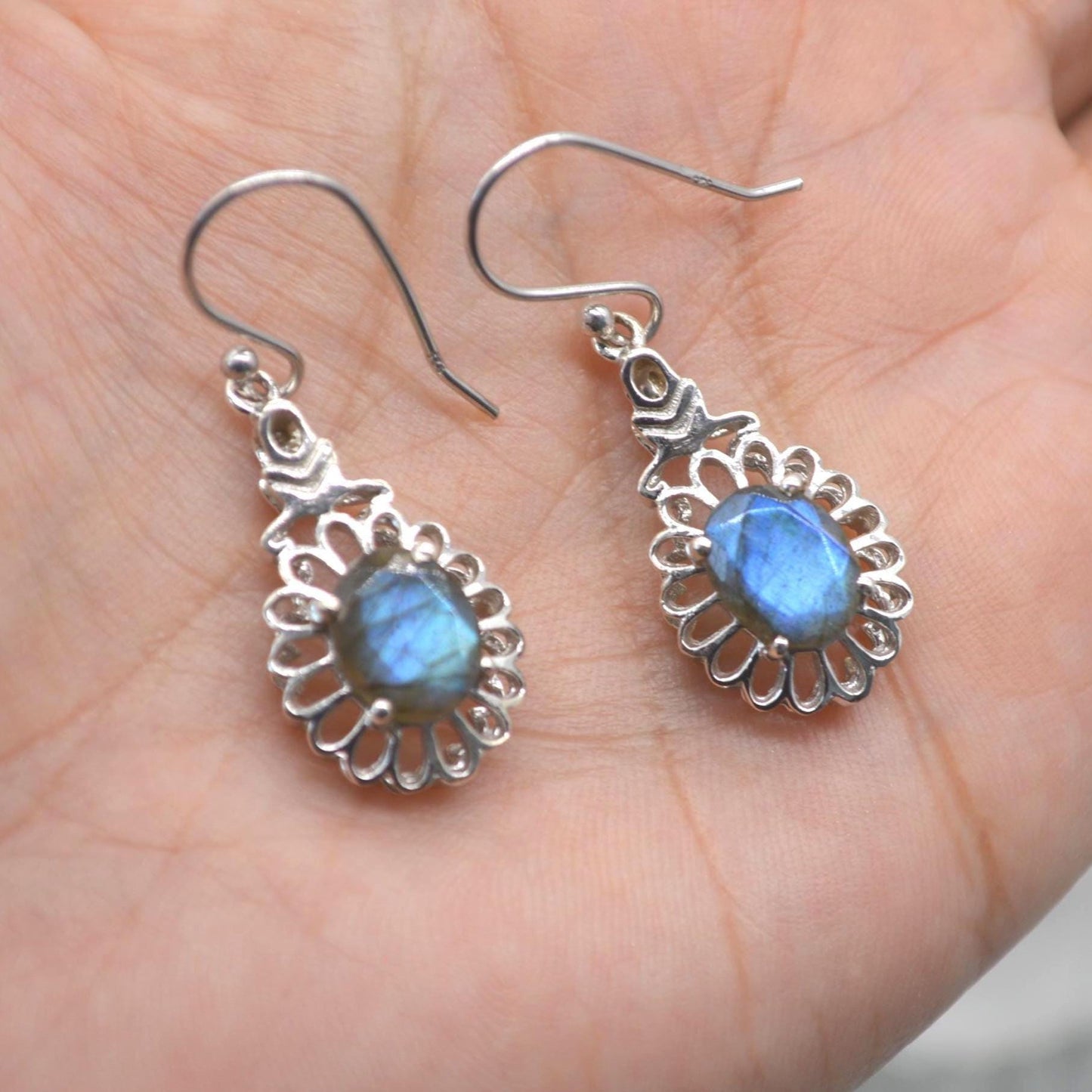 Labradorite Earrings Silver: Dangle Drop, Oval, Blue Gemstone Jewelry