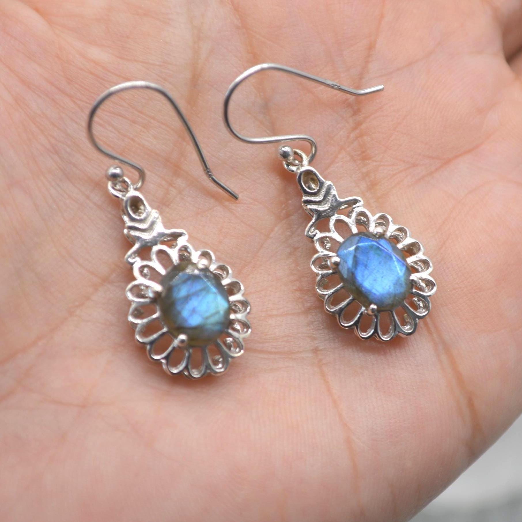 Labradorite Earrings Silver: Dangle Drop, Oval, Blue Gemstone Jewelry