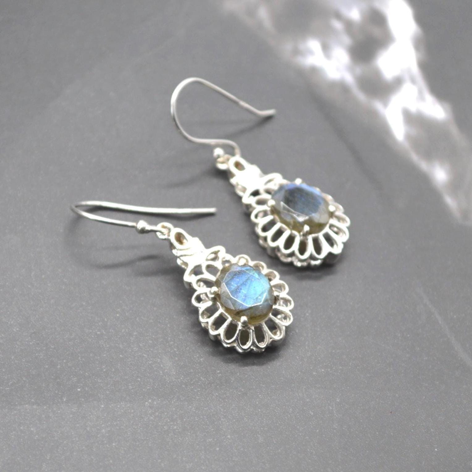 Labradorite Earrings Silver: Dangle Drop, Oval, Blue Gemstone Jewelry