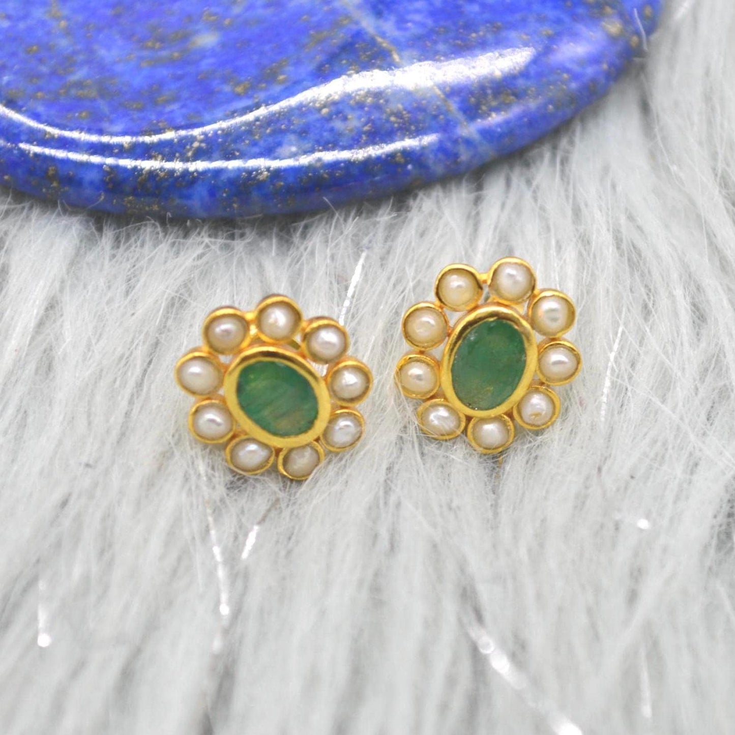 Pearl, Emerald Stud Earrings: Gold Plated Sterling Silver, Floral, May June Birthstone
