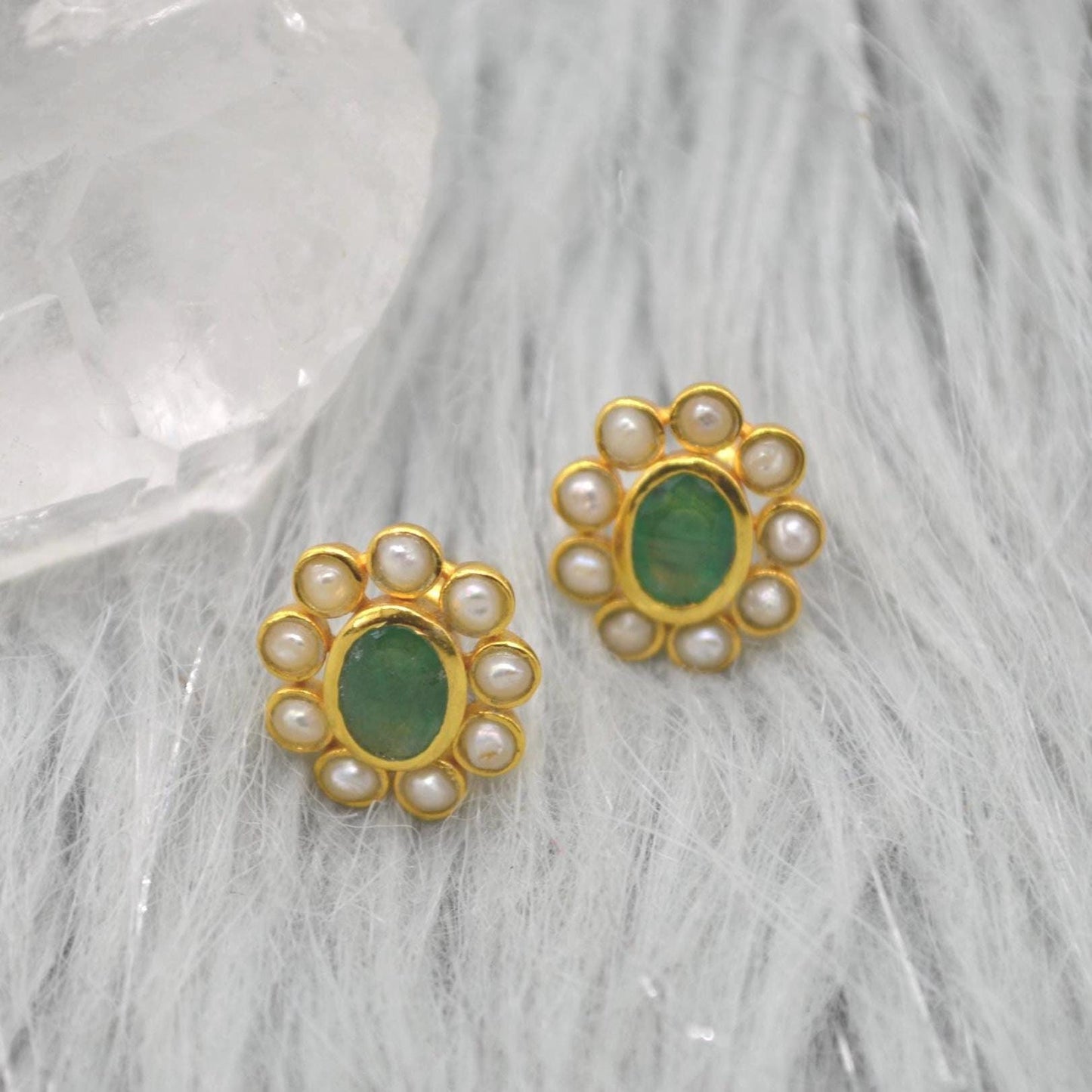 Pearl, Emerald Stud Earrings: Gold Plated Sterling Silver, Floral, May June Birthstone