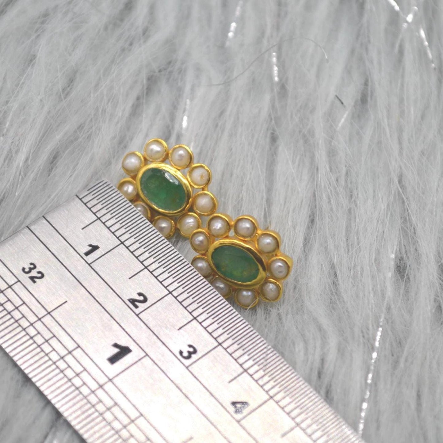 Pearl, Emerald Stud Earrings: Gold Plated Sterling Silver, Floral, May June Birthstone