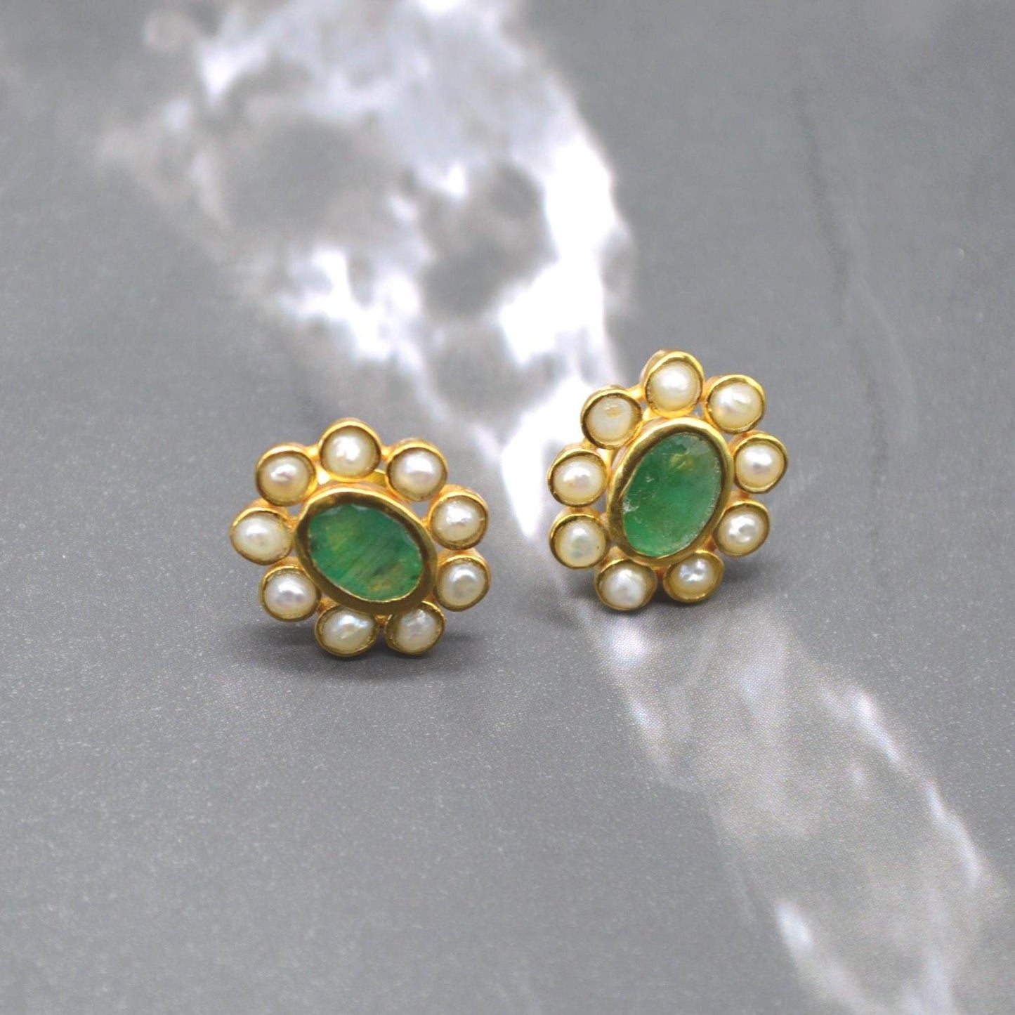 Pearl, Emerald Stud Earrings: Gold Plated Sterling Silver, Floral, May June Birthstone
