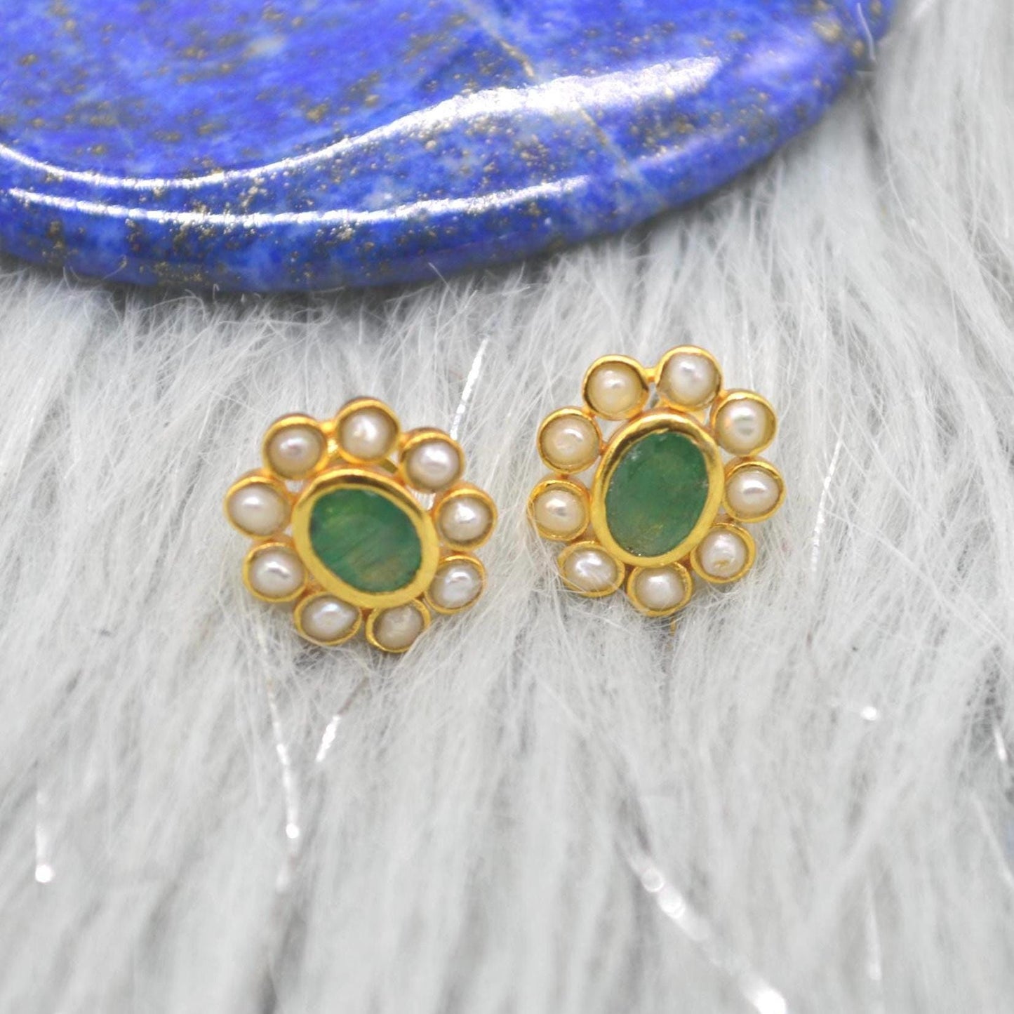 Pearl, Emerald Stud Earrings: Gold Plated Sterling Silver, Floral, May June Birthstone