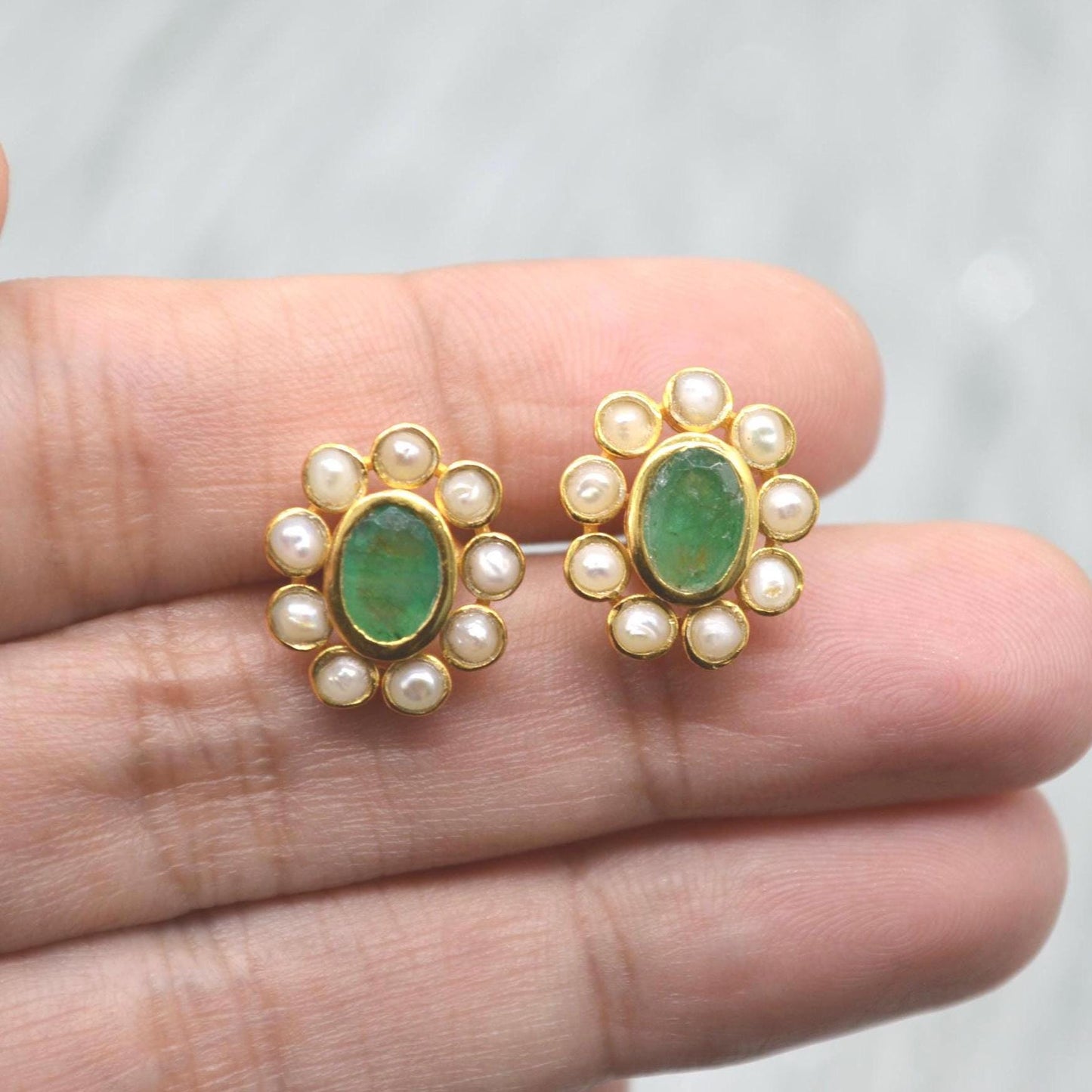 Pearl, Emerald Stud Earrings: Gold Plated Sterling Silver, Floral, May June Birthstone