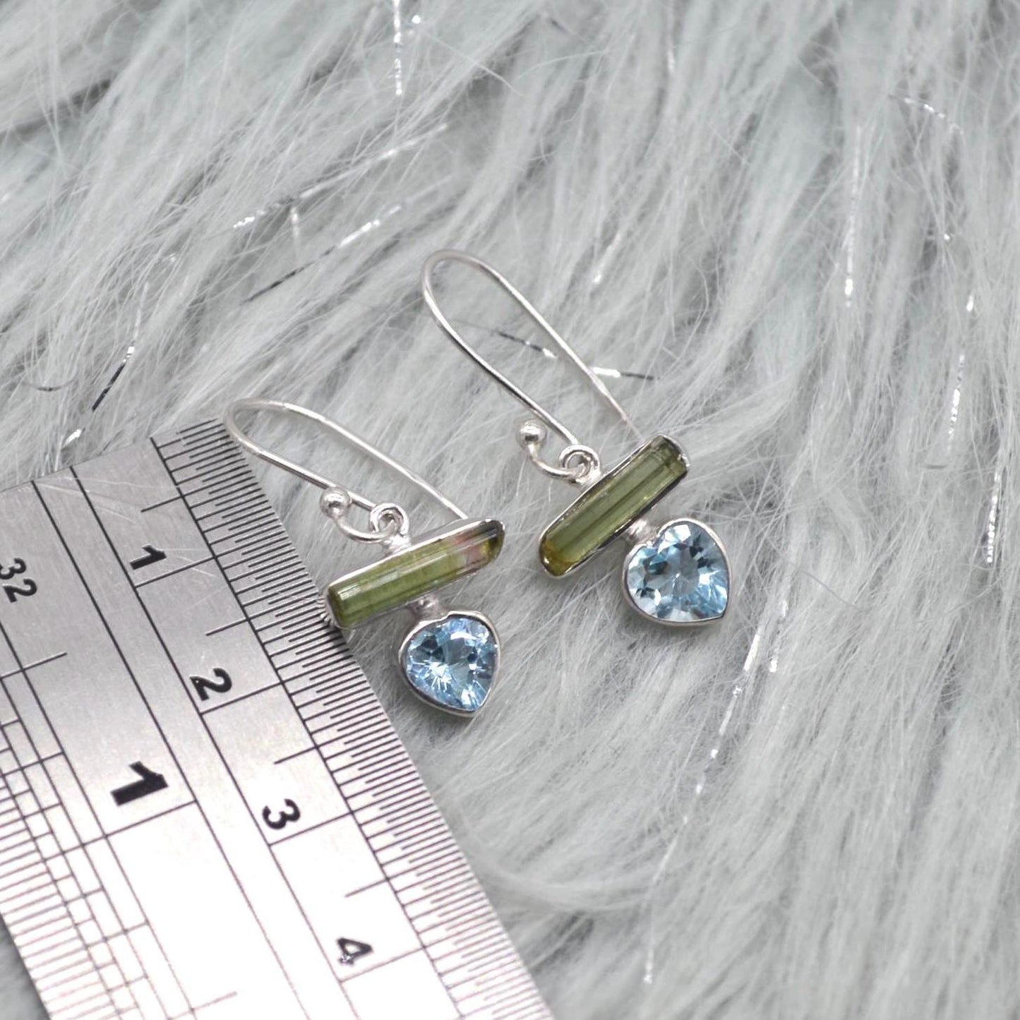 Green Tourmaline, Blue Topaz Earrings: Silver or Gold, Dangle Drop, October December Birthstone