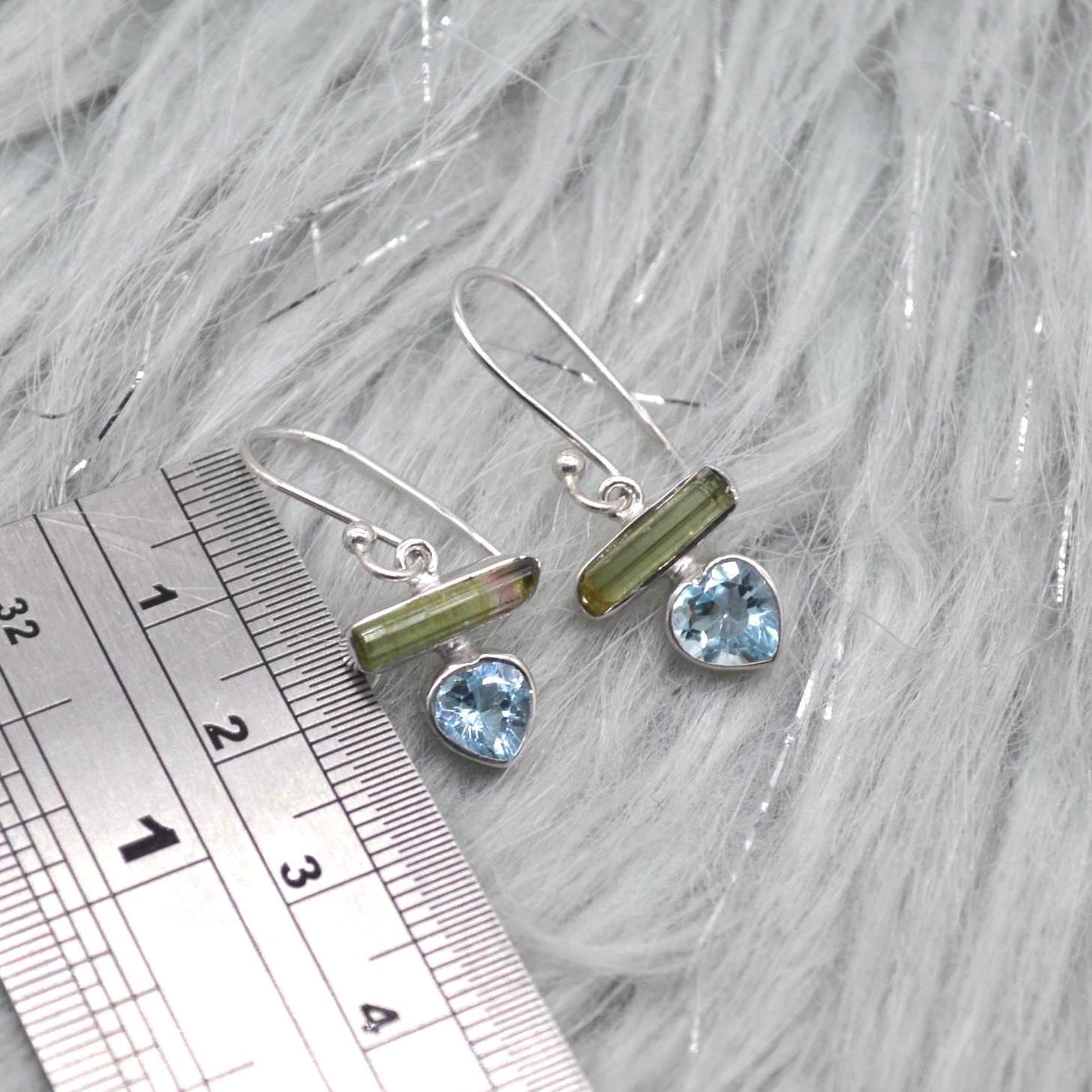Green Tourmaline, Blue Topaz Earrings: Silver or Gold, Dangle Drop, October December Birthstone