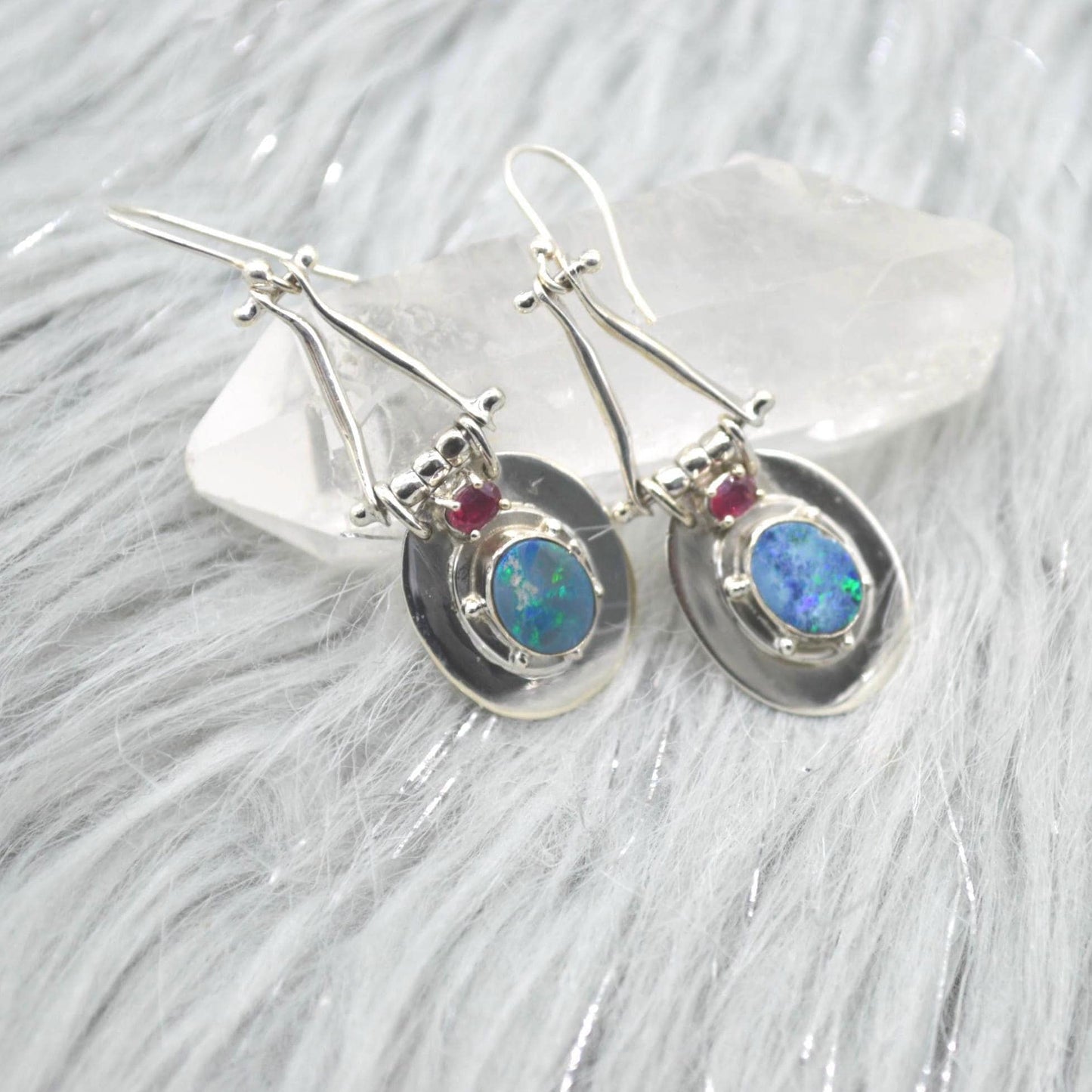 Red Ruby, Blue Opal Earrings: Silver, Oval Gemstone, Dangle Drop, July October Birthstone