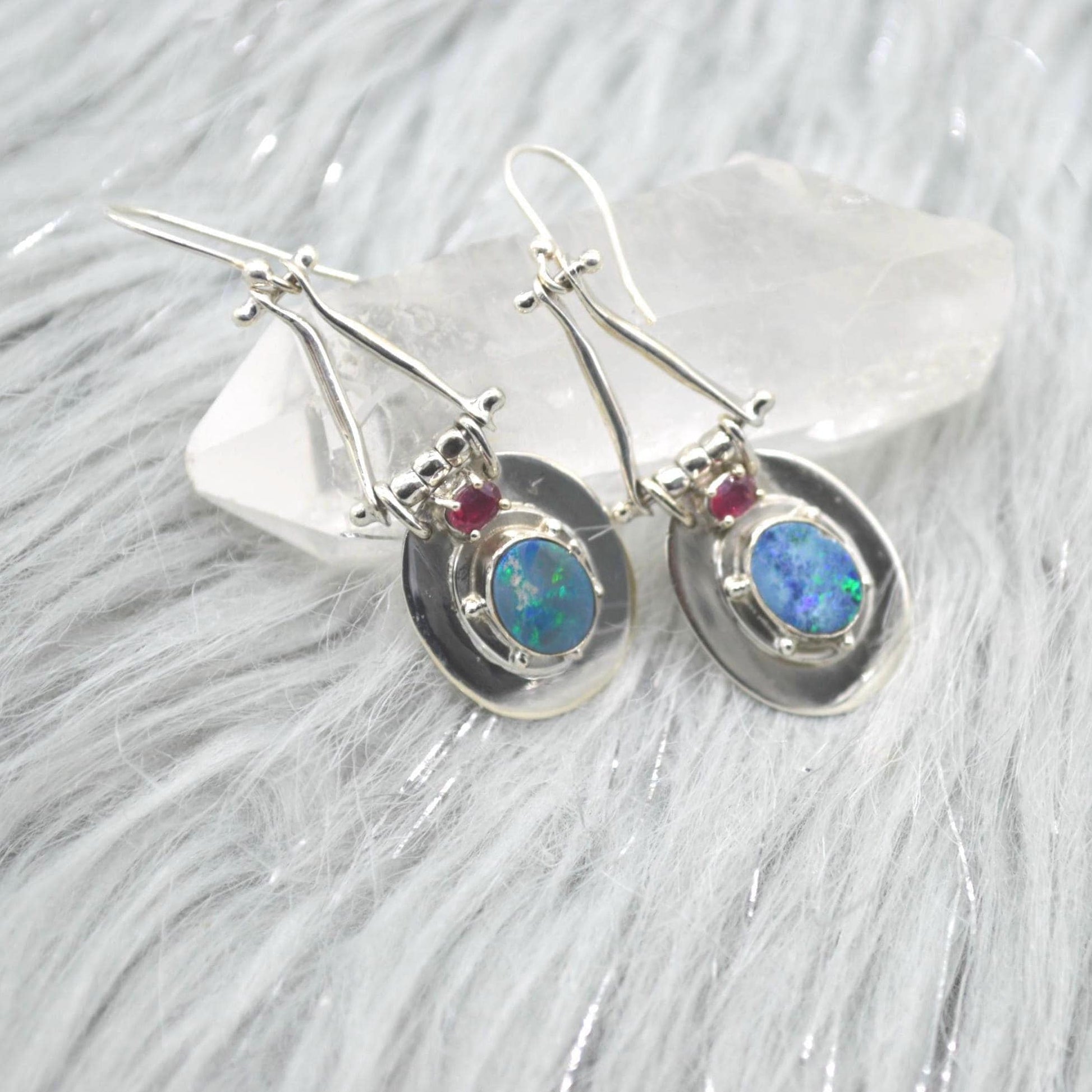 Red Ruby, Blue Opal Earrings: Silver, Oval Gemstone, Dangle Drop, July October Birthstone