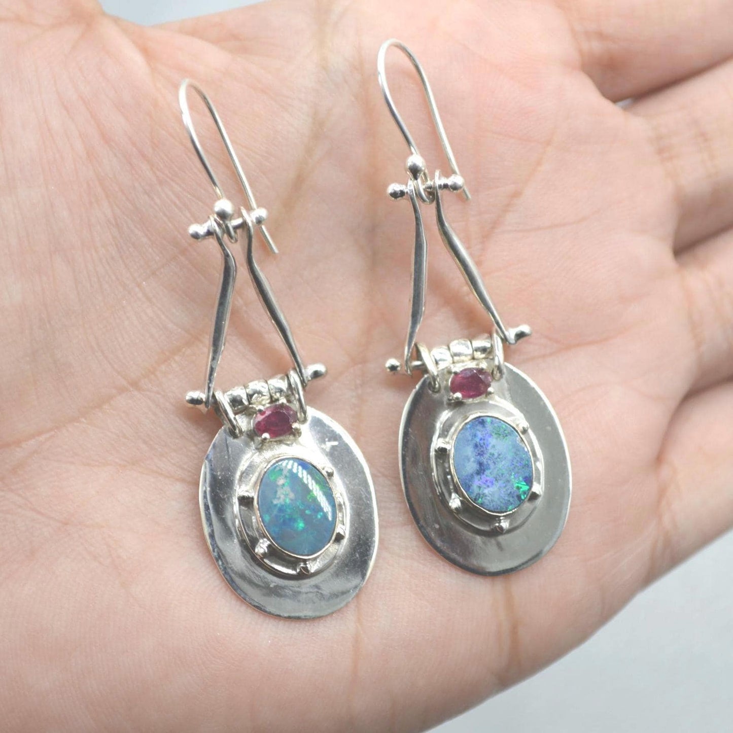 Red Ruby, Blue Opal Earrings: Silver, Oval Gemstone, Dangle Drop, July October Birthstone