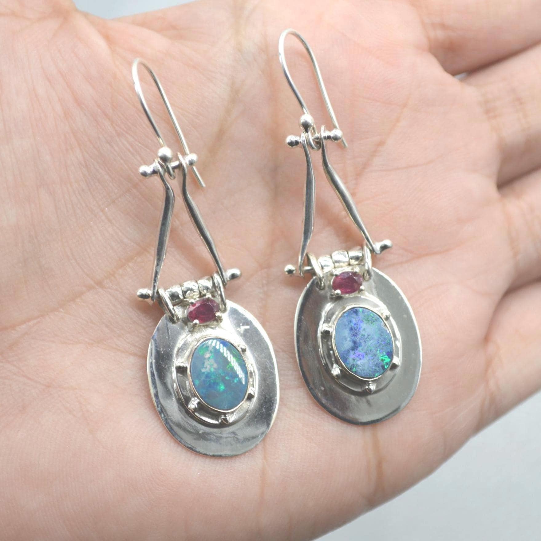 Red Ruby, Blue Opal Earrings: Silver, Oval Gemstone, Dangle Drop, July October Birthstone