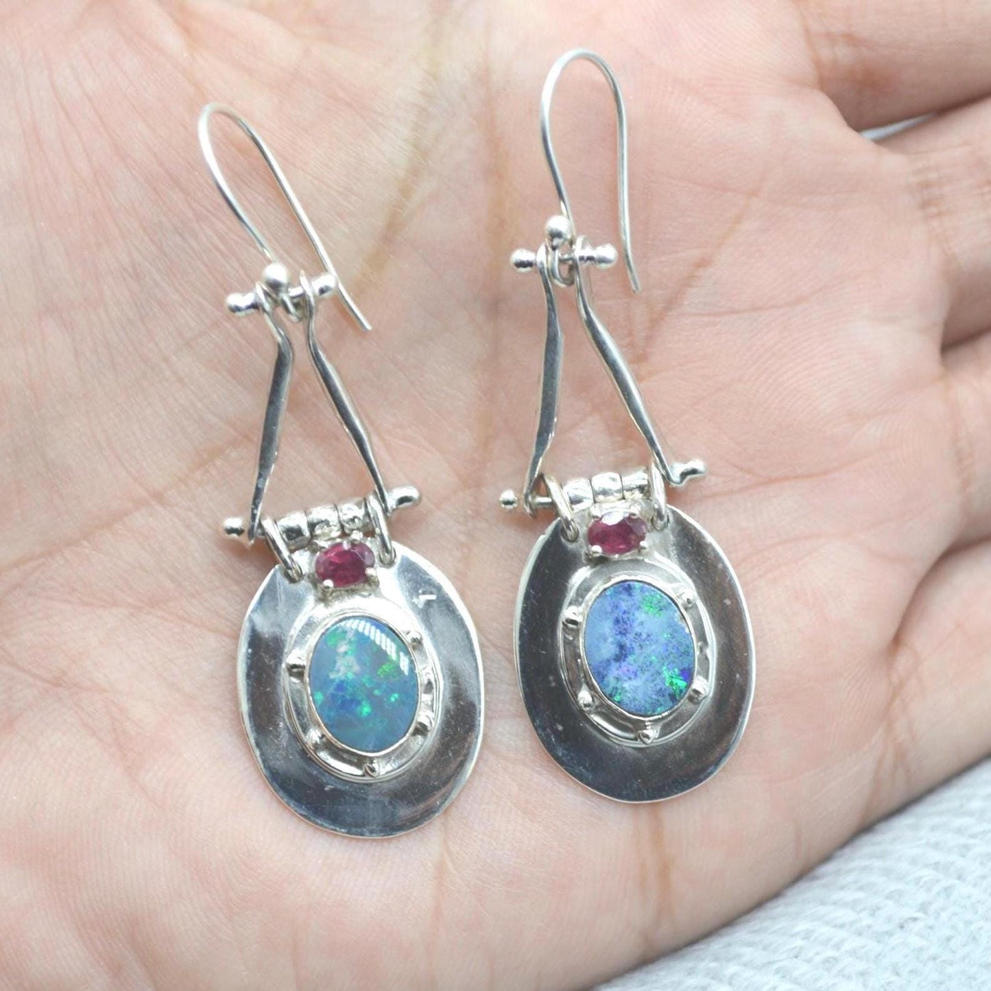 Red Ruby, Blue Opal Earrings: Silver, Oval Gemstone, Dangle Drop, July October Birthstone
