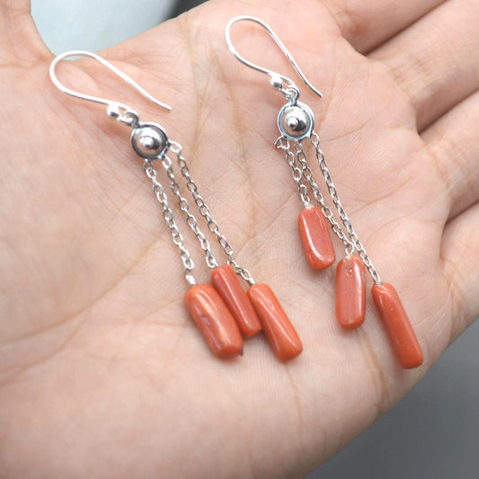 Red Coral Earrings: Sterling Silver, Dainty Dangle Drop, Red Gemstone Jewelry