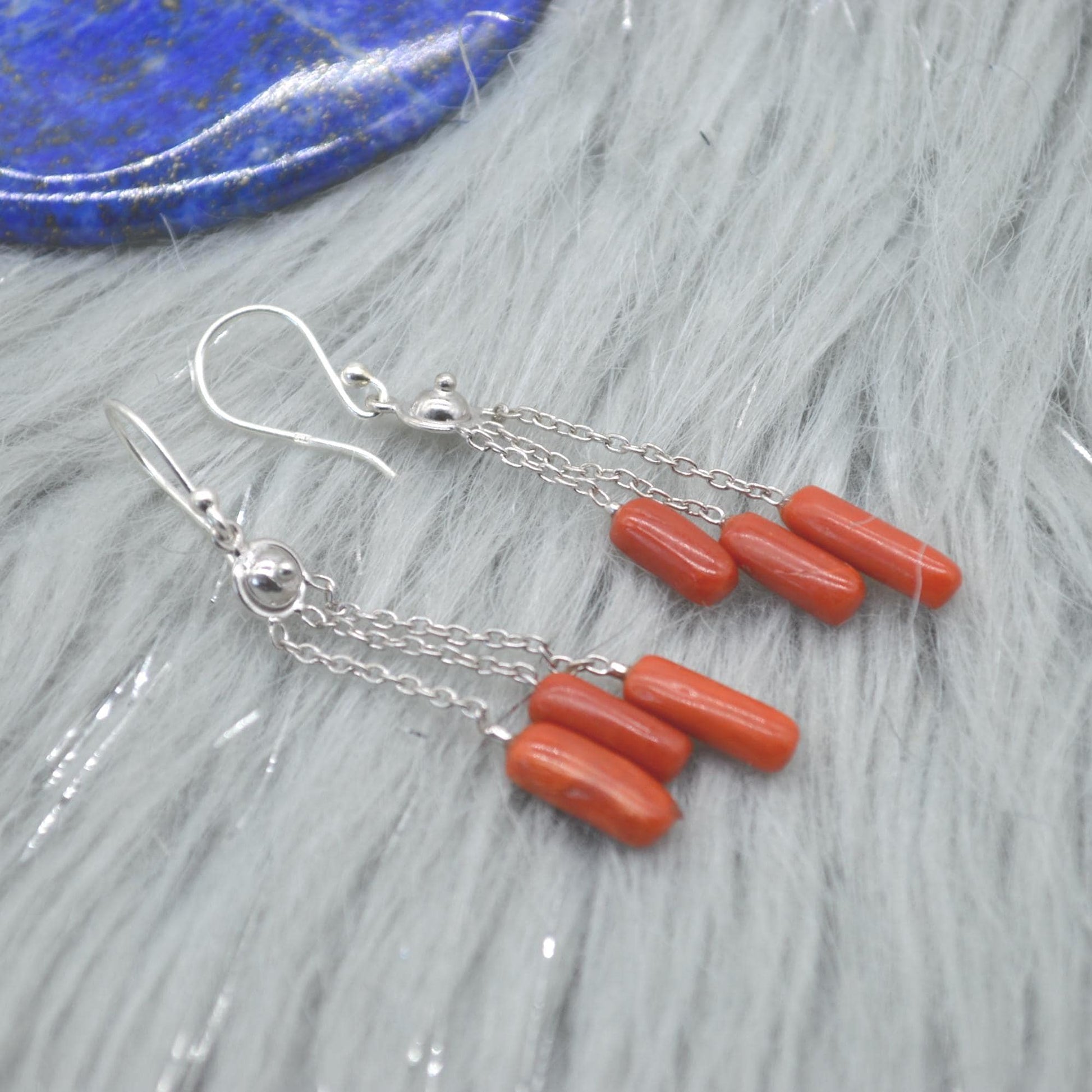 Red Coral Earrings: Sterling Silver, Dainty Dangle Drop, Red Gemstone Jewelry