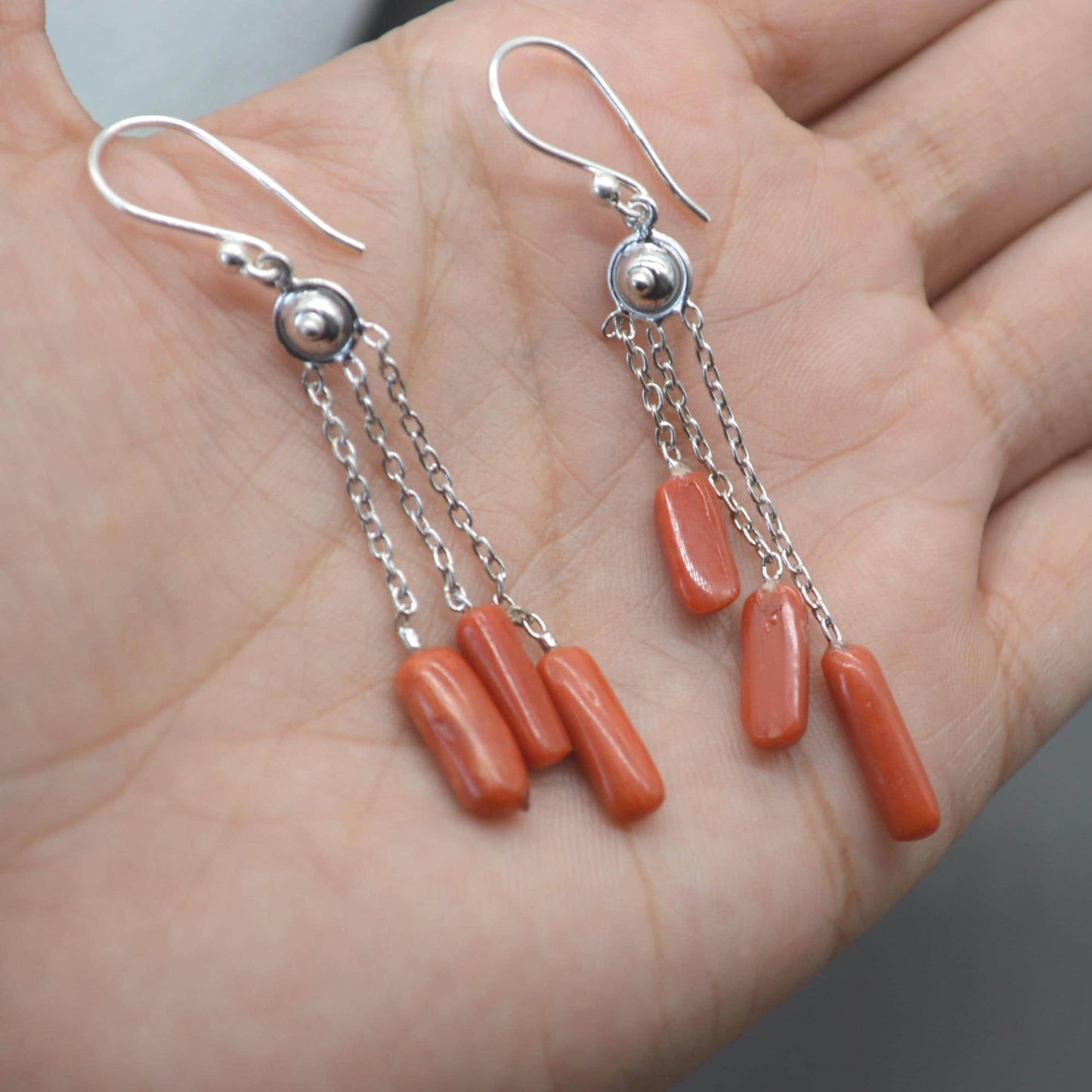 Red Coral Earrings: Sterling Silver, Dainty Dangle Drop, Red Gemstone Jewelry