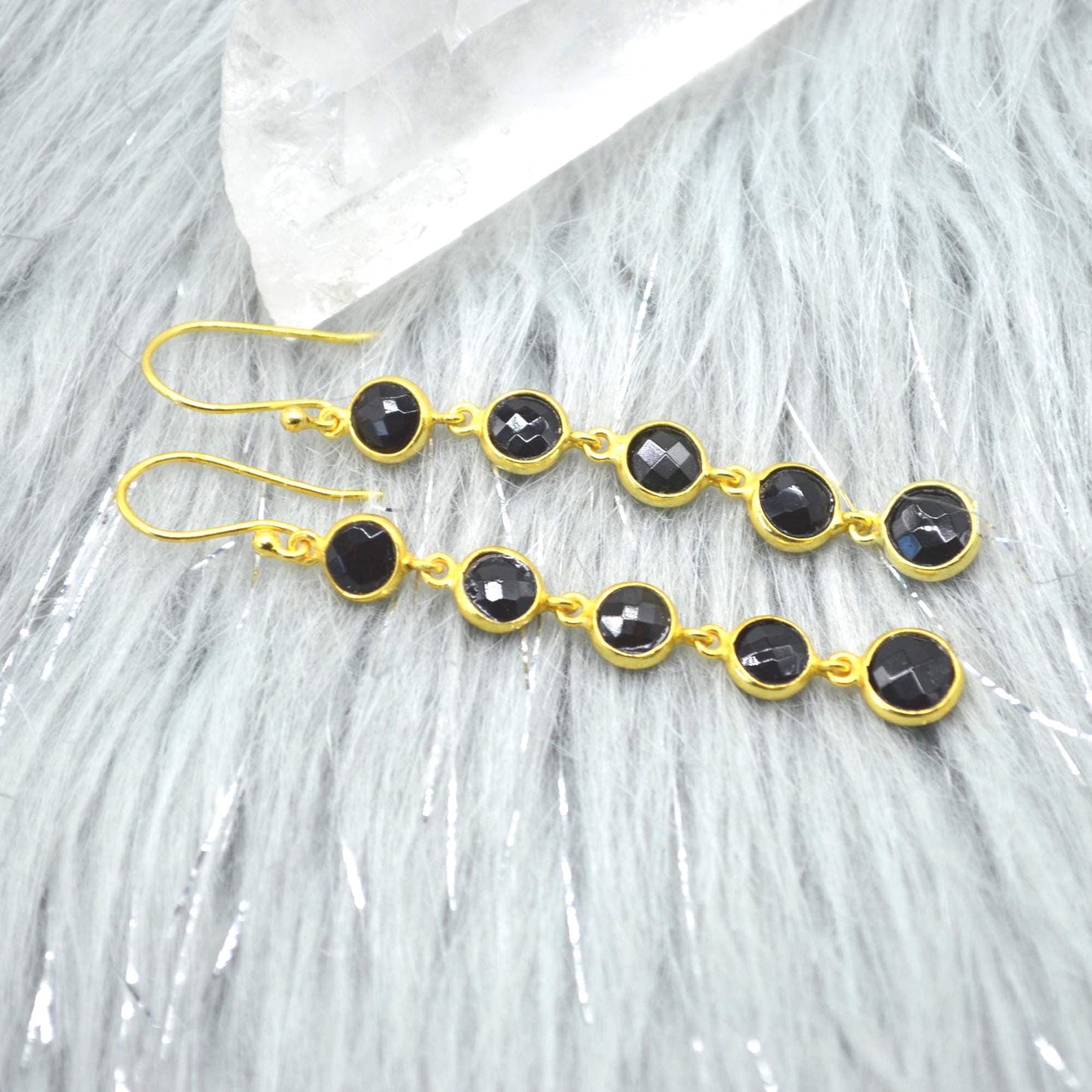 Black Tourmaline Earrings: Gold Plated Sterling Silver, Long Dangle Drop, October Birthstone