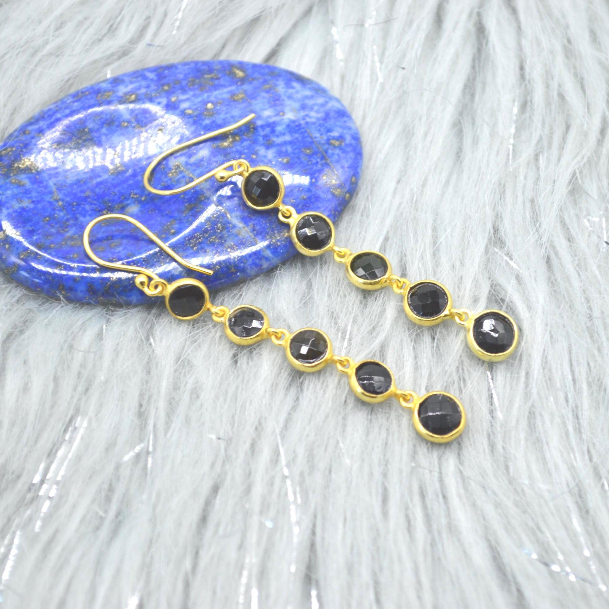 Black Tourmaline Earrings: Gold Plated Sterling Silver, Long Dangle Drop, October Birthstone