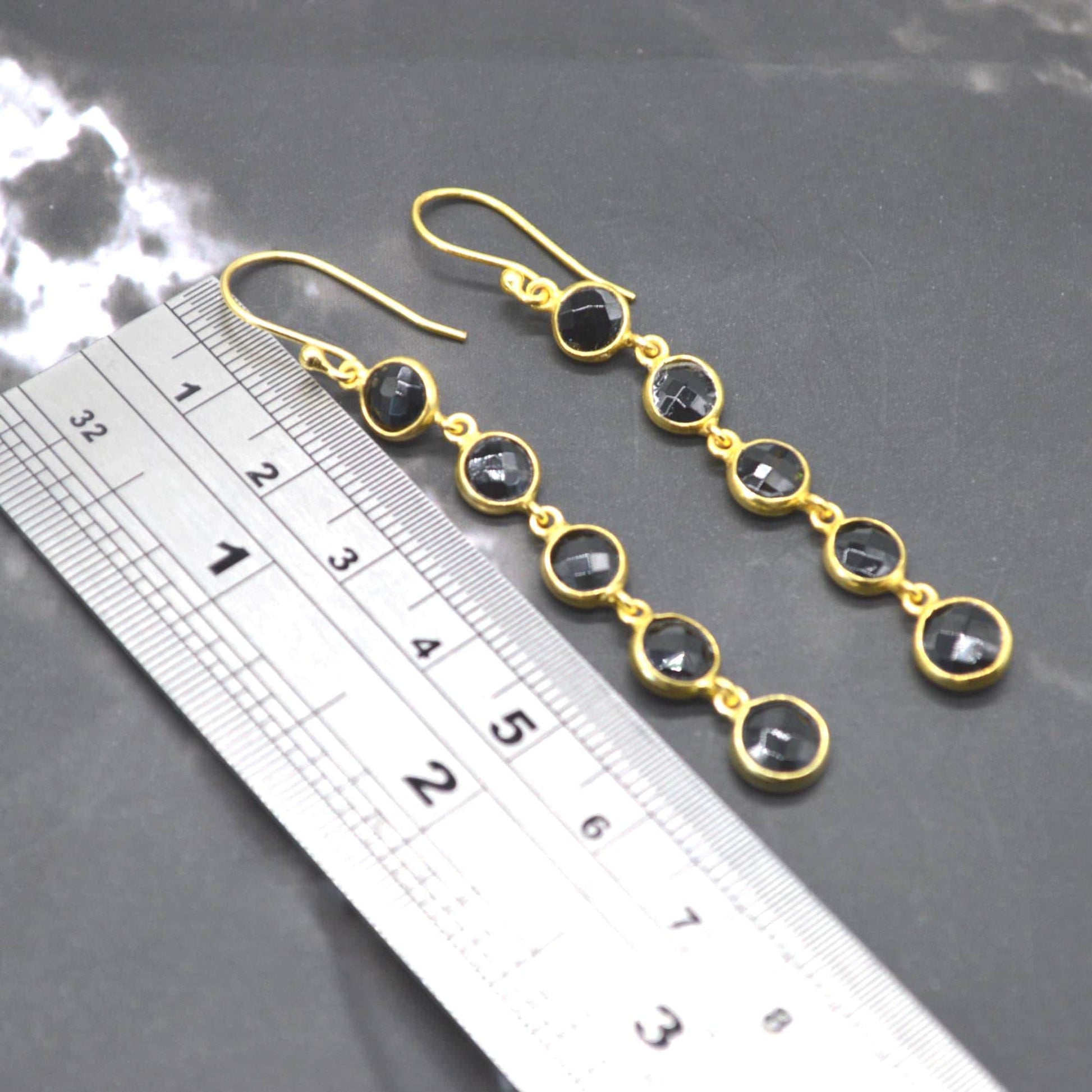 Black Tourmaline Earrings: Gold Plated Sterling Silver, Long Dangle Drop, October Birthstone