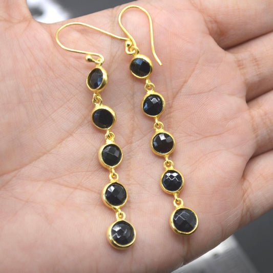 Black Tourmaline Earrings: Gold Plated Sterling Silver, Long Dangle Drop, October Birthstone