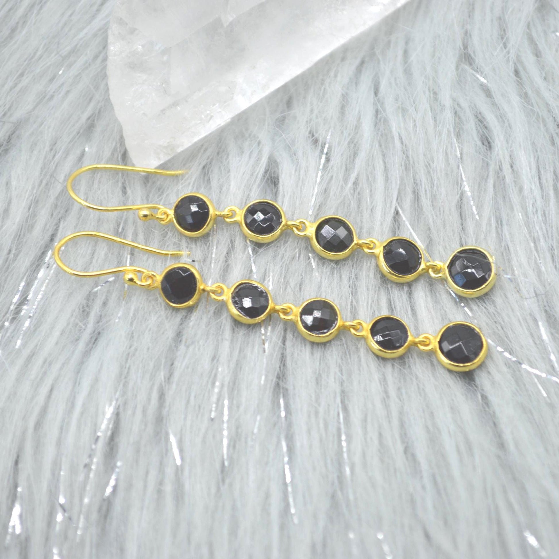 Black Tourmaline Earrings: Gold Plated Sterling Silver, Long Dangle Drop, October Birthstone