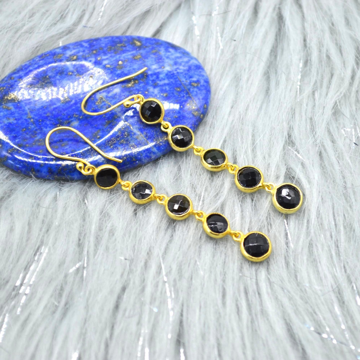 Black Tourmaline Earrings: Gold Plated Sterling Silver, Long Dangle Drop, October Birthstone