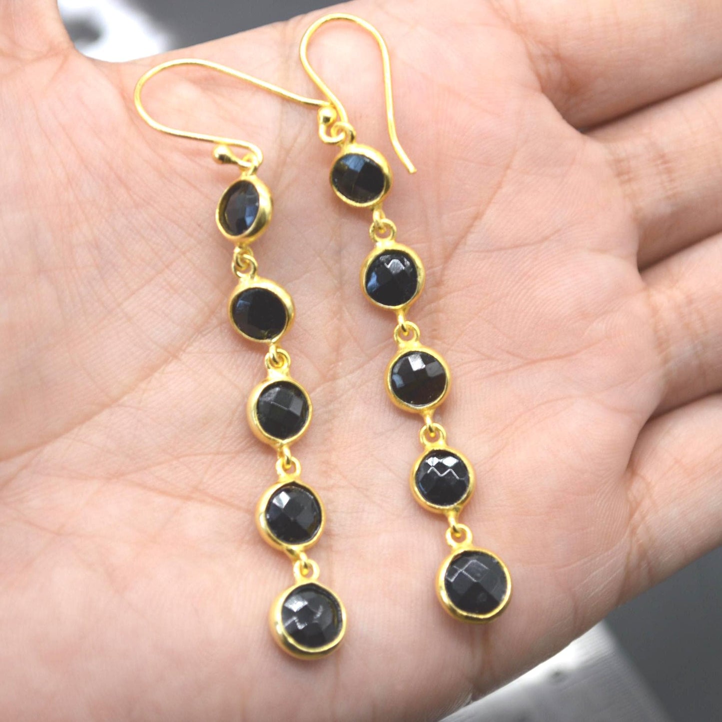 Black Tourmaline Earrings: Gold Plated Sterling Silver, Long Dangle Drop, October Birthstone