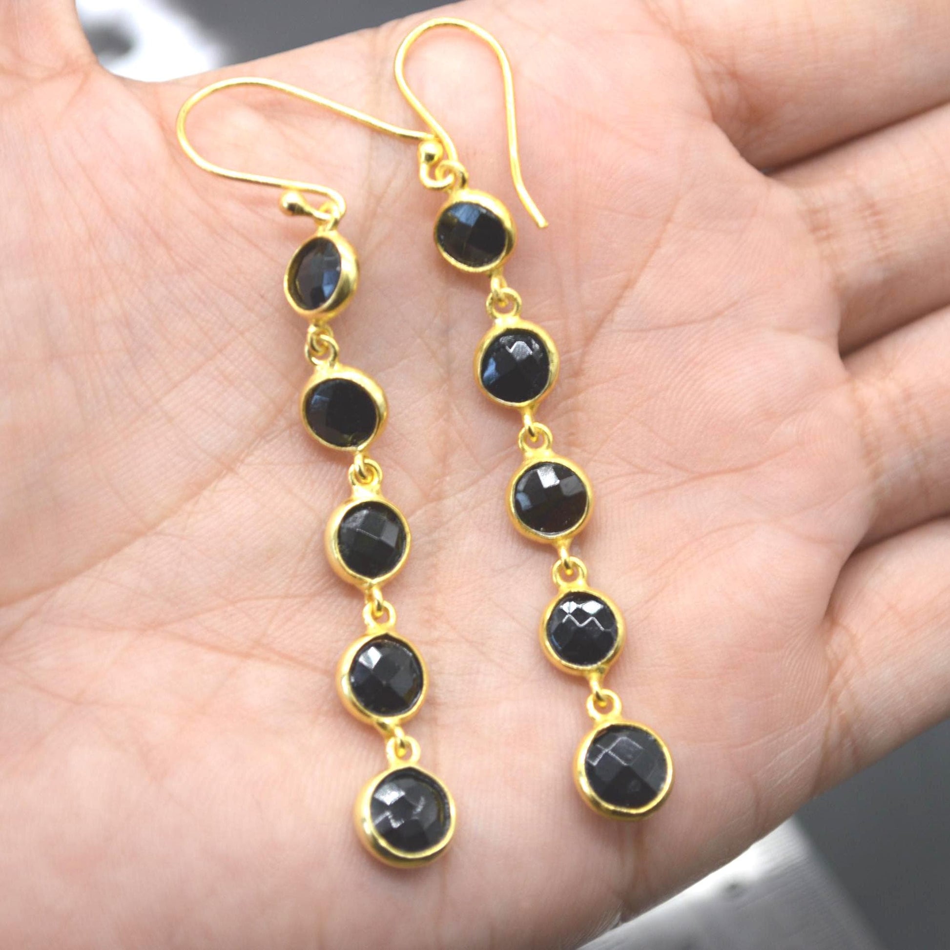 Black Tourmaline Earrings: Gold Plated Sterling Silver, Long Dangle Drop, October Birthstone
