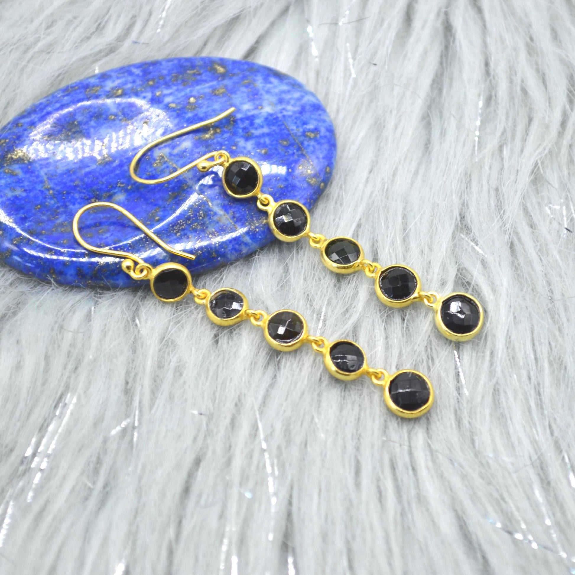 Black Tourmaline Earrings: Gold Plated Sterling Silver, Long Dangle Drop, October Birthstone