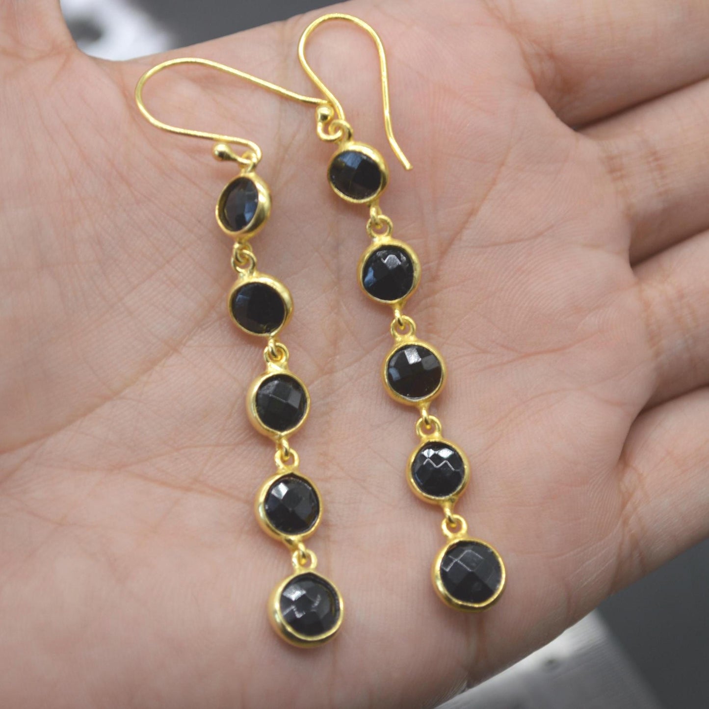 Black Tourmaline Earrings: Gold Plated Sterling Silver, Long Dangle Drop, October Birthstone