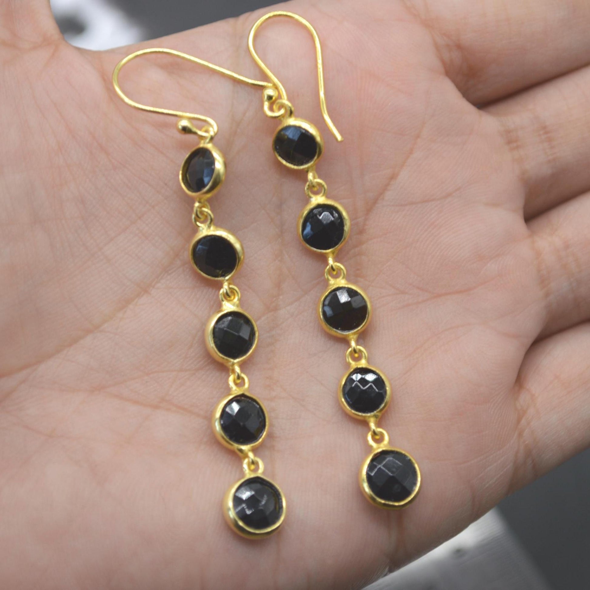 Black Tourmaline Earrings: Gold Plated Sterling Silver, Long Dangle Drop, October Birthstone