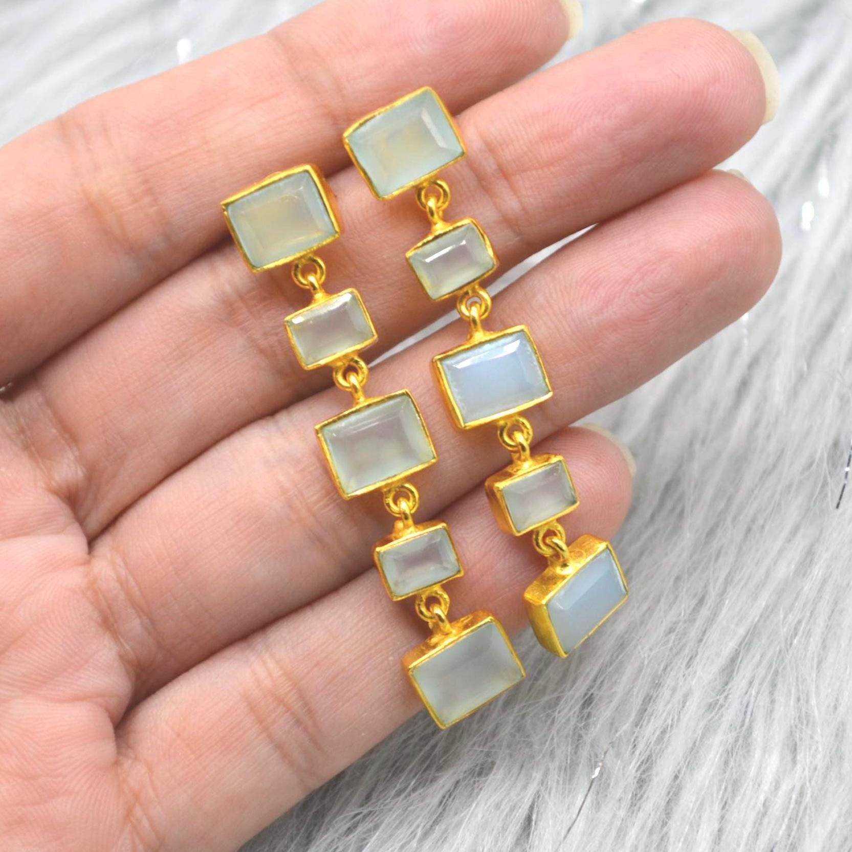 Orange Carnelian Earrings or Aqua Chalcedony Earrings: Gold Plated Silver, Long Drop