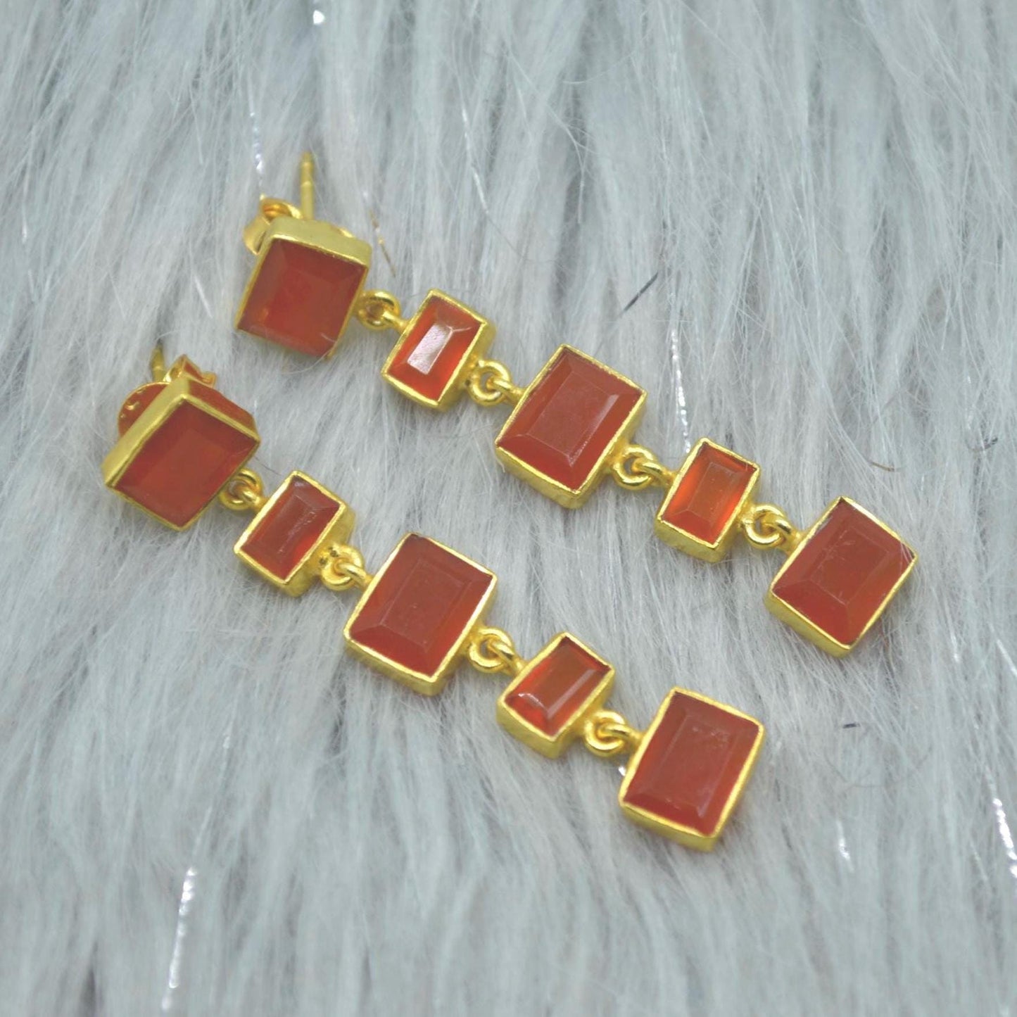 Orange Carnelian Earrings or Aqua Chalcedony Earrings: Gold Plated Silver, Long Drop