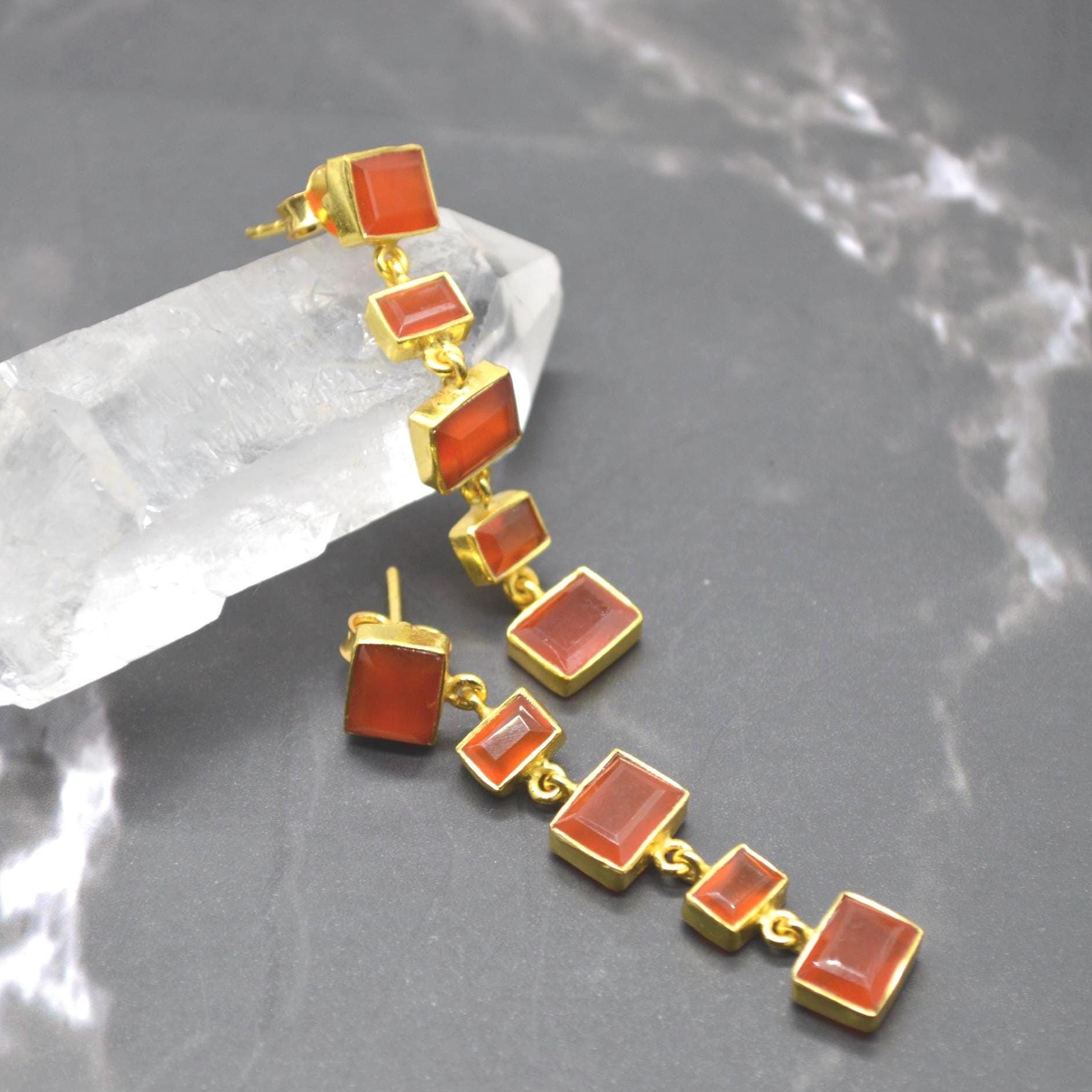 Orange Carnelian Earrings or Aqua Chalcedony Earrings: Gold Plated Silver, Long Drop