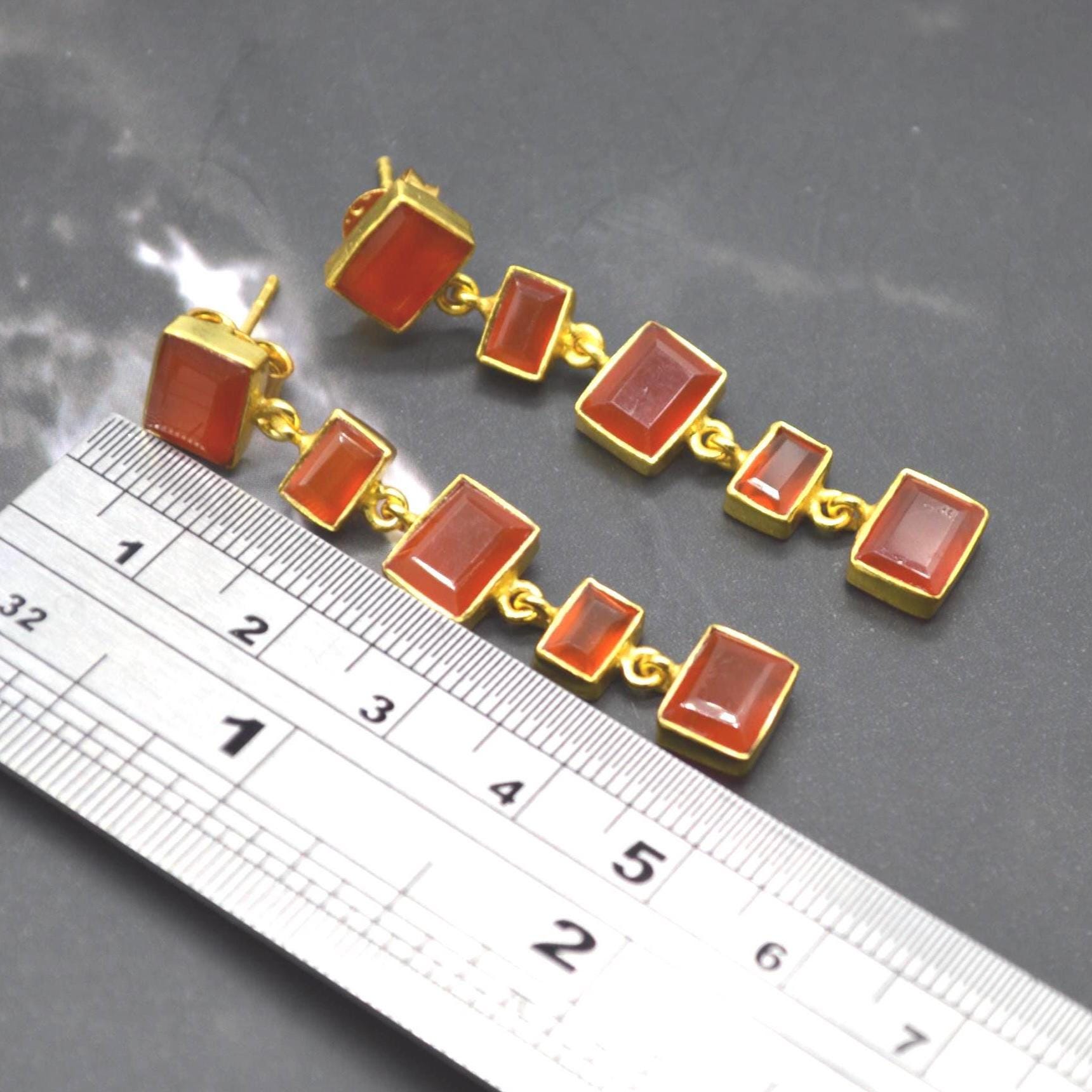 Orange Carnelian Earrings or Aqua Chalcedony Earrings: Gold Plated Silver, Long Drop