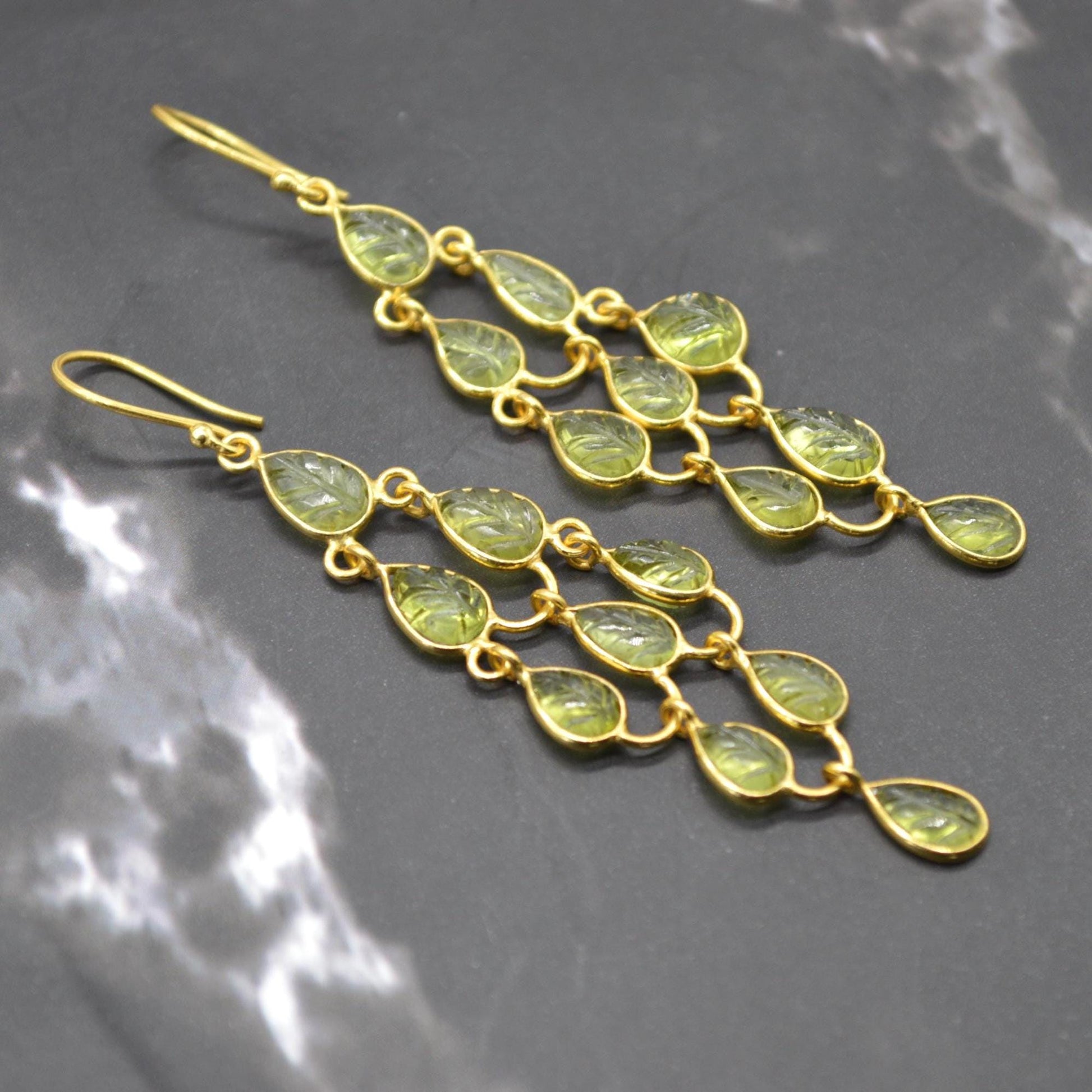 Long Peridot Earrings: Gold Plated Silver, Dangle Drop, August Birthstone, Green Gemstone Jewelry