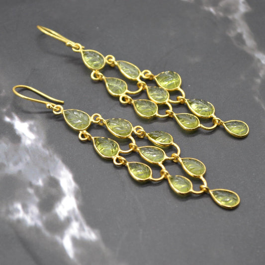 Long Peridot Earrings: Gold Plated Silver, Dangle Drop, August Birthstone, Green Gemstone Jewelry