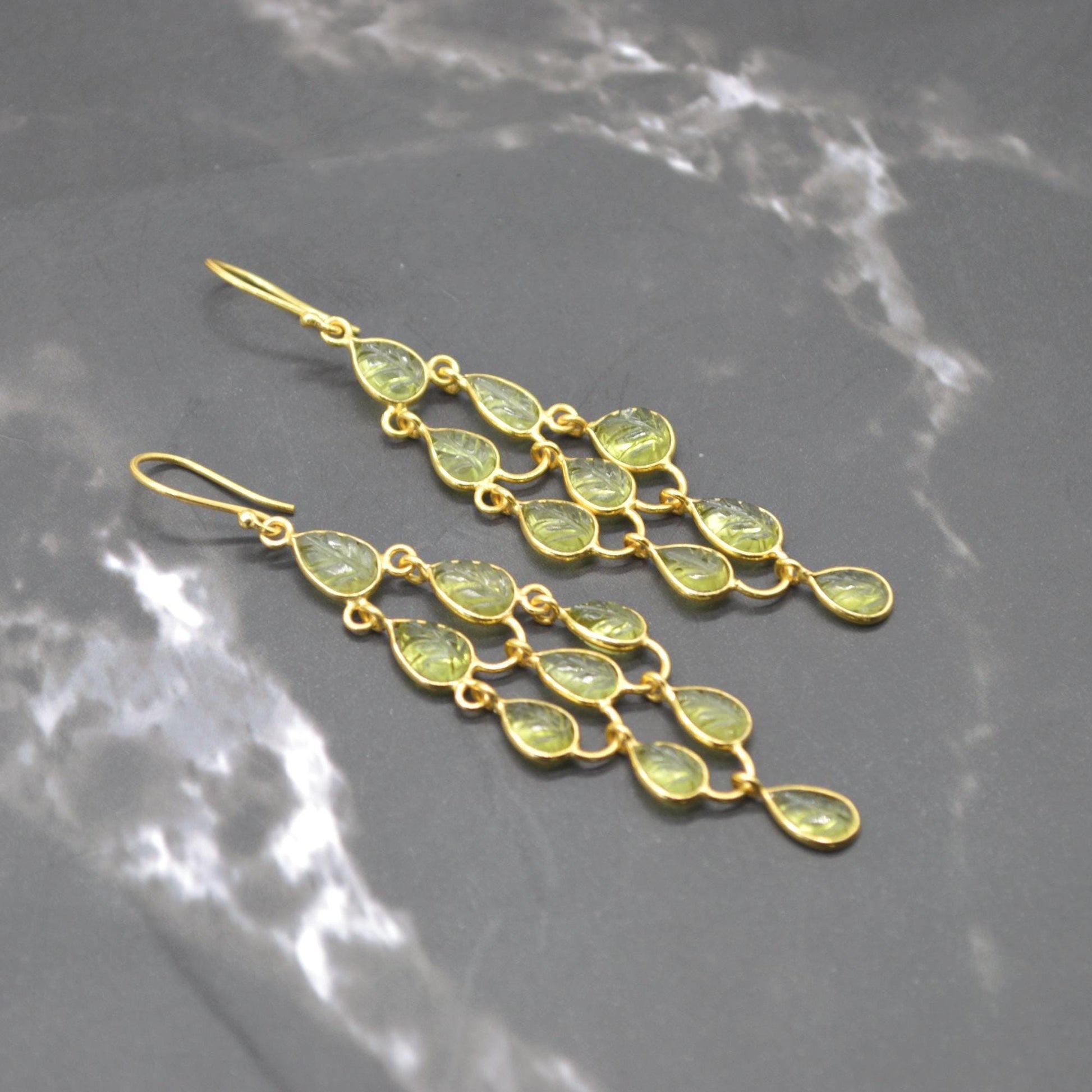 Long Peridot Earrings: Gold Plated Silver, Dangle Drop, August Birthstone, Green Gemstone Jewelry