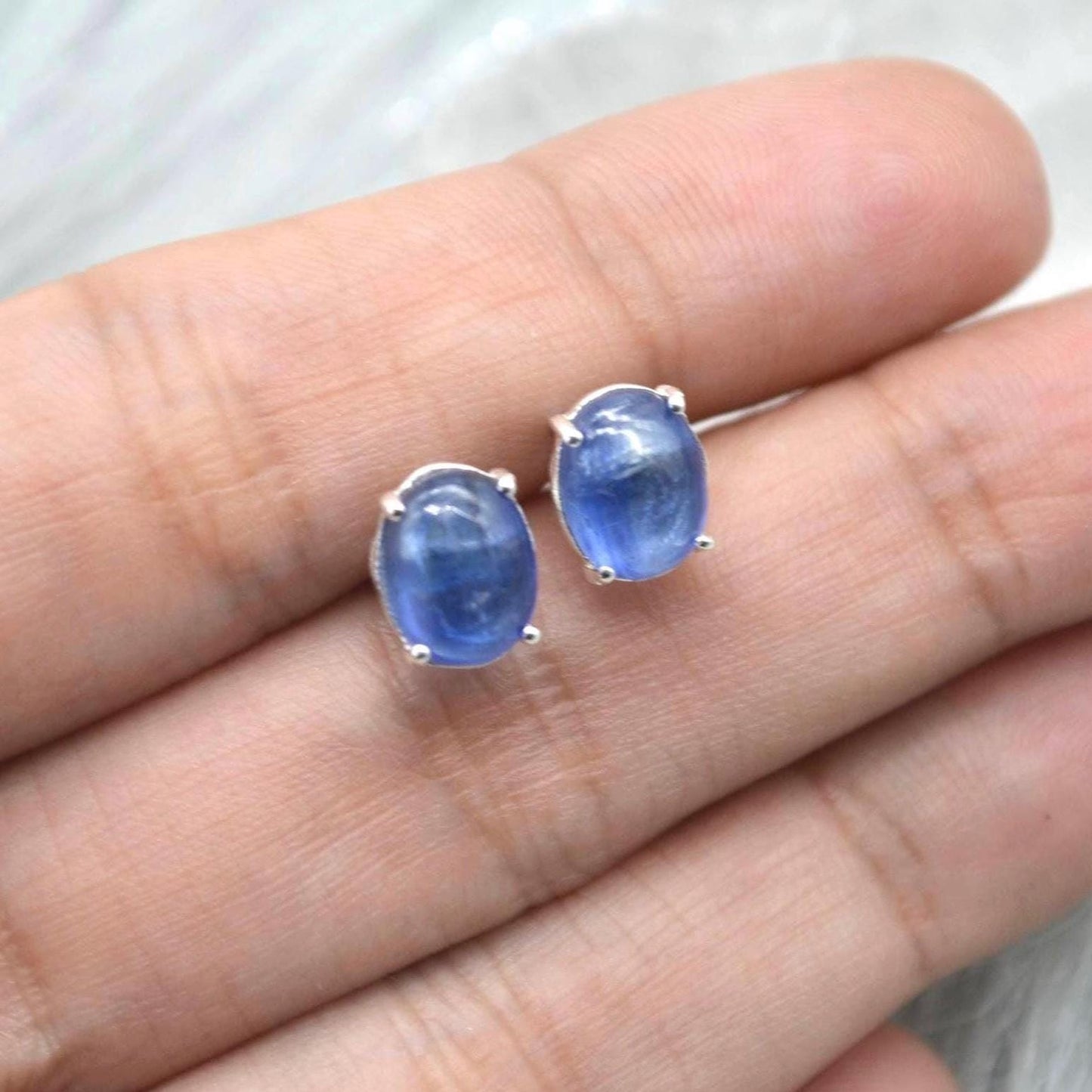 Kyanite Stud Earrings: Sterling Silver or Gold, Minimalist Oval Blue Gemstone Stud