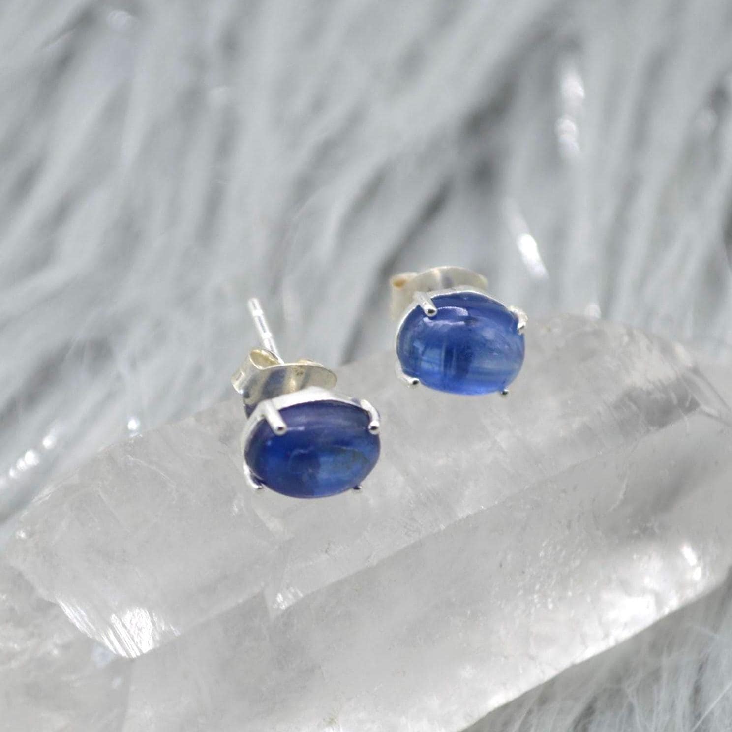 Kyanite Stud Earrings: Sterling Silver or Gold, Minimalist Oval Blue Gemstone Stud