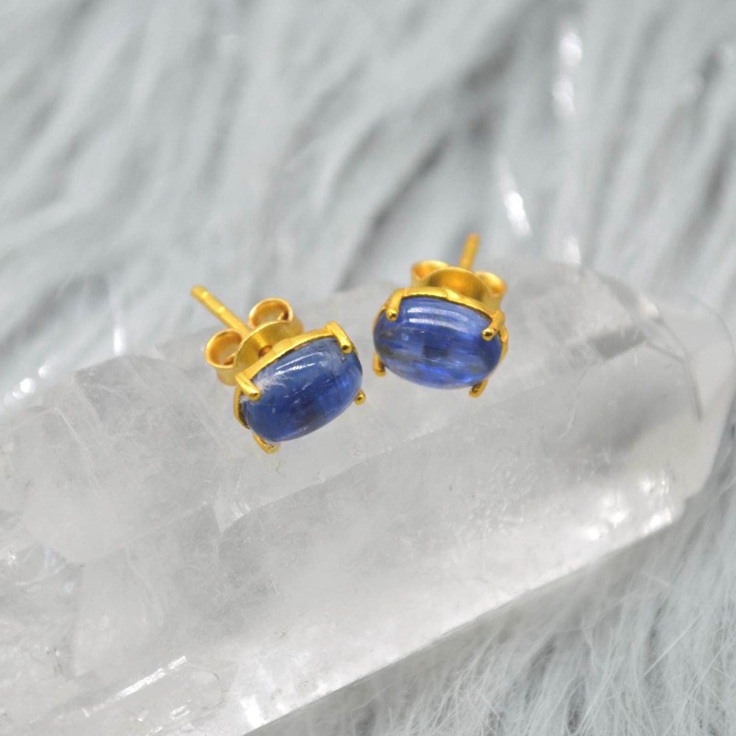 Kyanite Stud Earrings: Sterling Silver or Gold, Minimalist Oval Blue Gemstone Stud