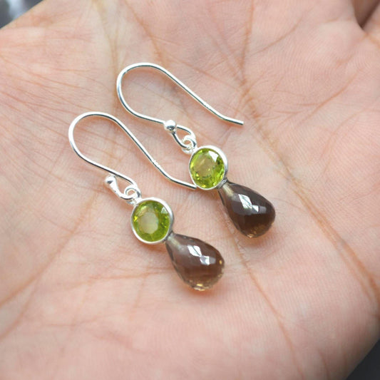 Smoky Quartz Peridot Earrings: Gold or Silver, Minimalist Dangle Drop, August Birthstone