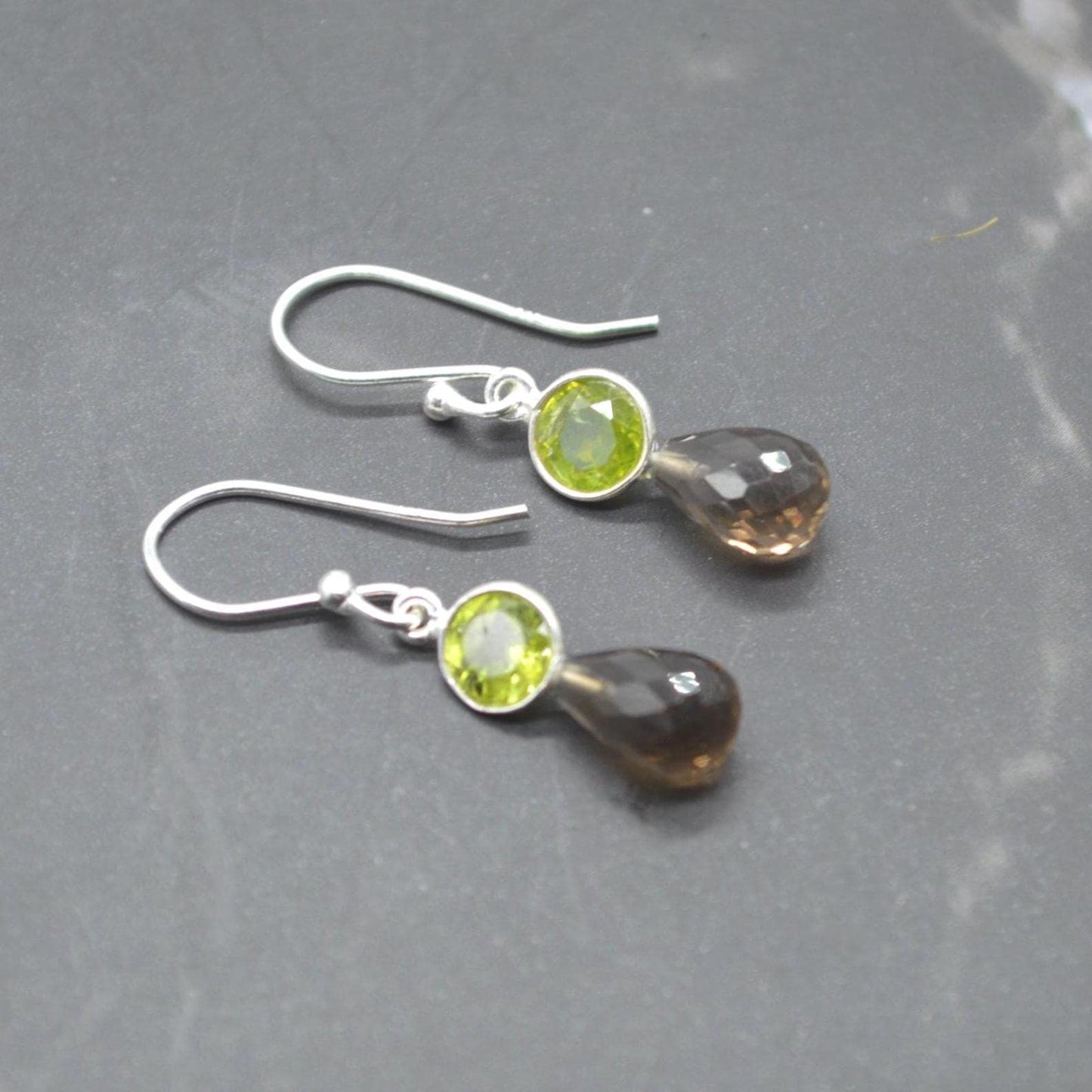 Smoky Quartz Peridot Earrings: Gold or Silver, Minimalist Dangle Drop, August Birthstone