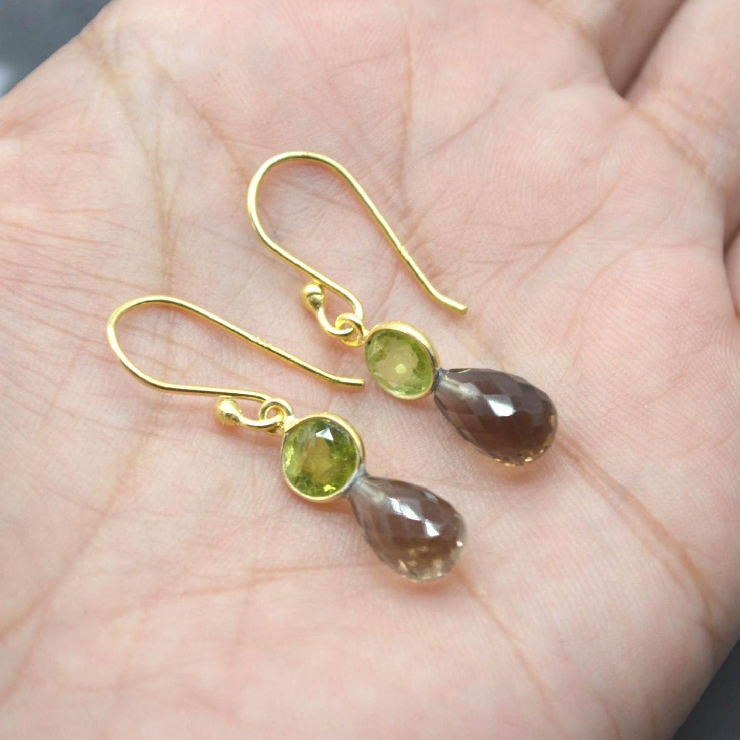 Smoky Quartz Peridot Earrings: Gold or Silver, Minimalist Dangle Drop, August Birthstone