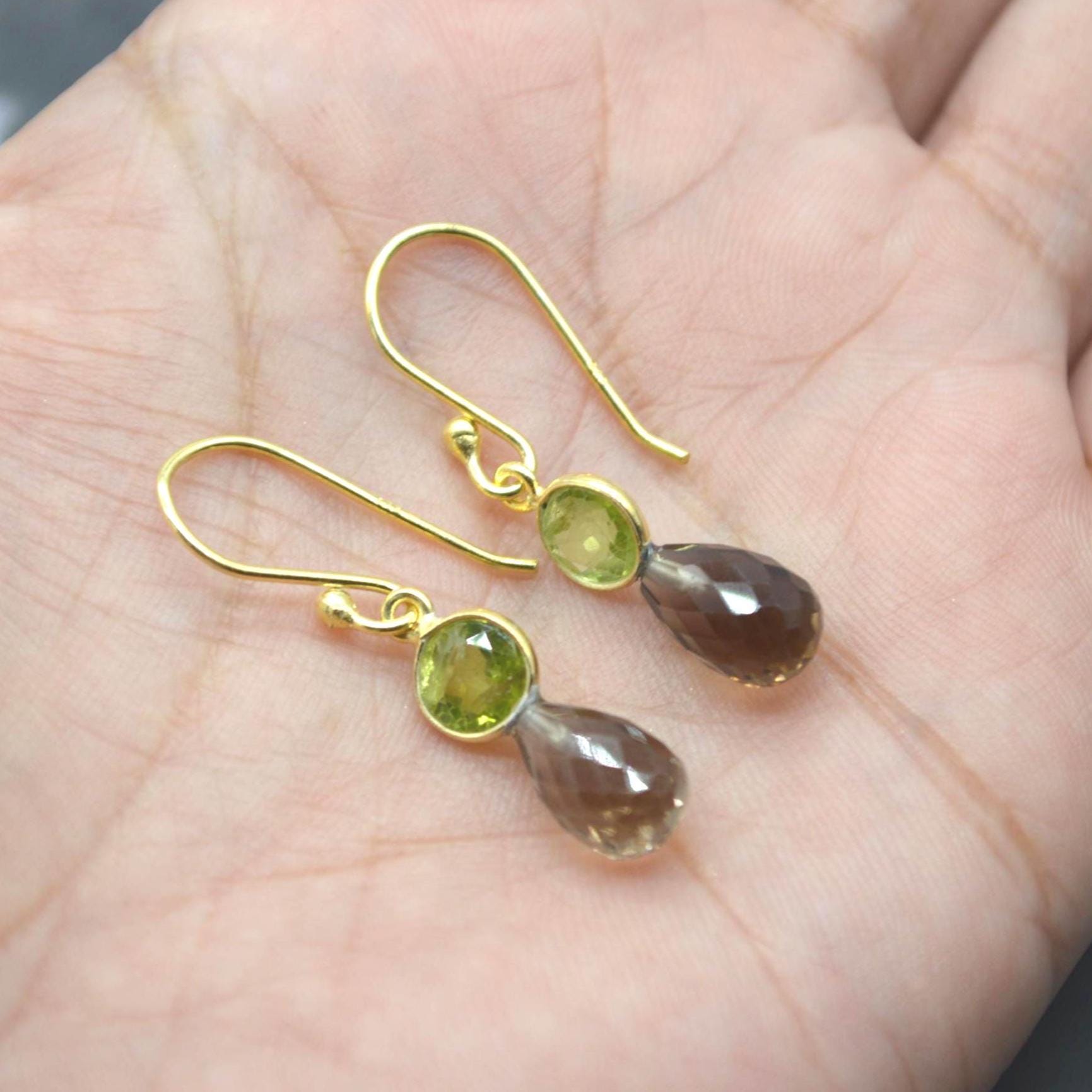 Smoky Quartz Peridot Earrings: Gold or Silver, Minimalist Dangle Drop, August Birthstone