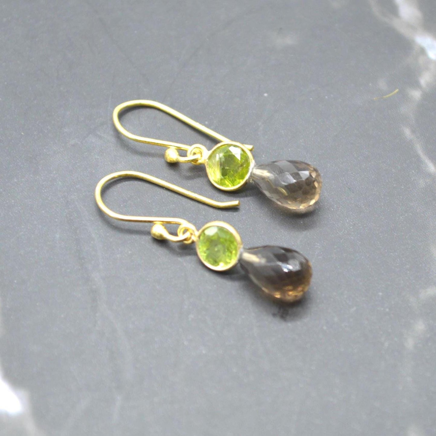 Smoky Quartz Peridot Earrings: Gold or Silver, Minimalist Dangle Drop, August Birthstone