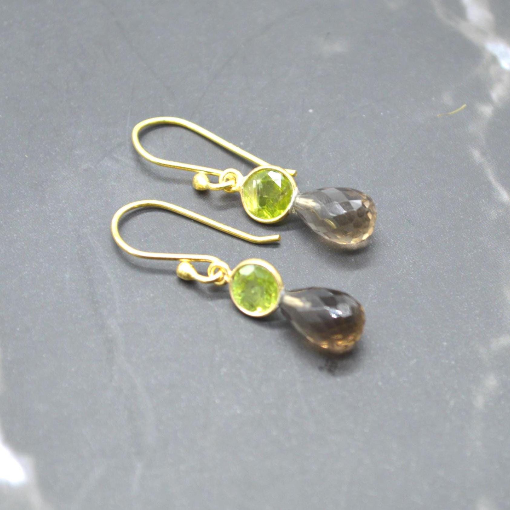 Smoky Quartz Peridot Earrings: Gold or Silver, Minimalist Dangle Drop, August Birthstone