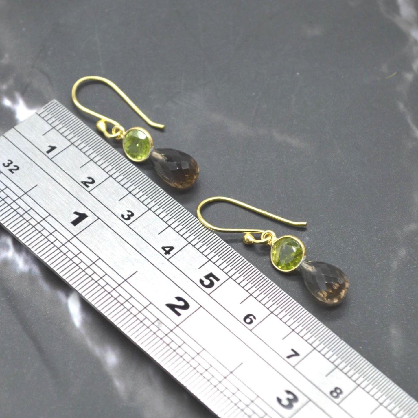 Smoky Quartz Peridot Earrings: Gold or Silver, Minimalist Dangle Drop, August Birthstone